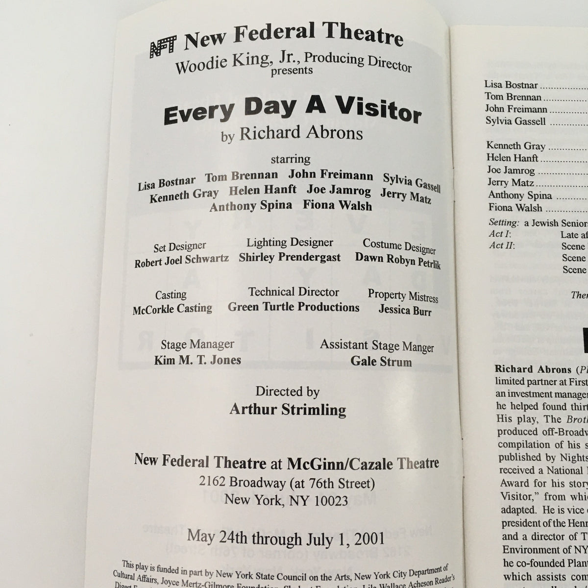 Promotional image for the 2001 New Federal Theatre production 'Every Day A Visitor' by Richard Abrons, featuring the cast and crew details including director Arthur Stirling and various actors.