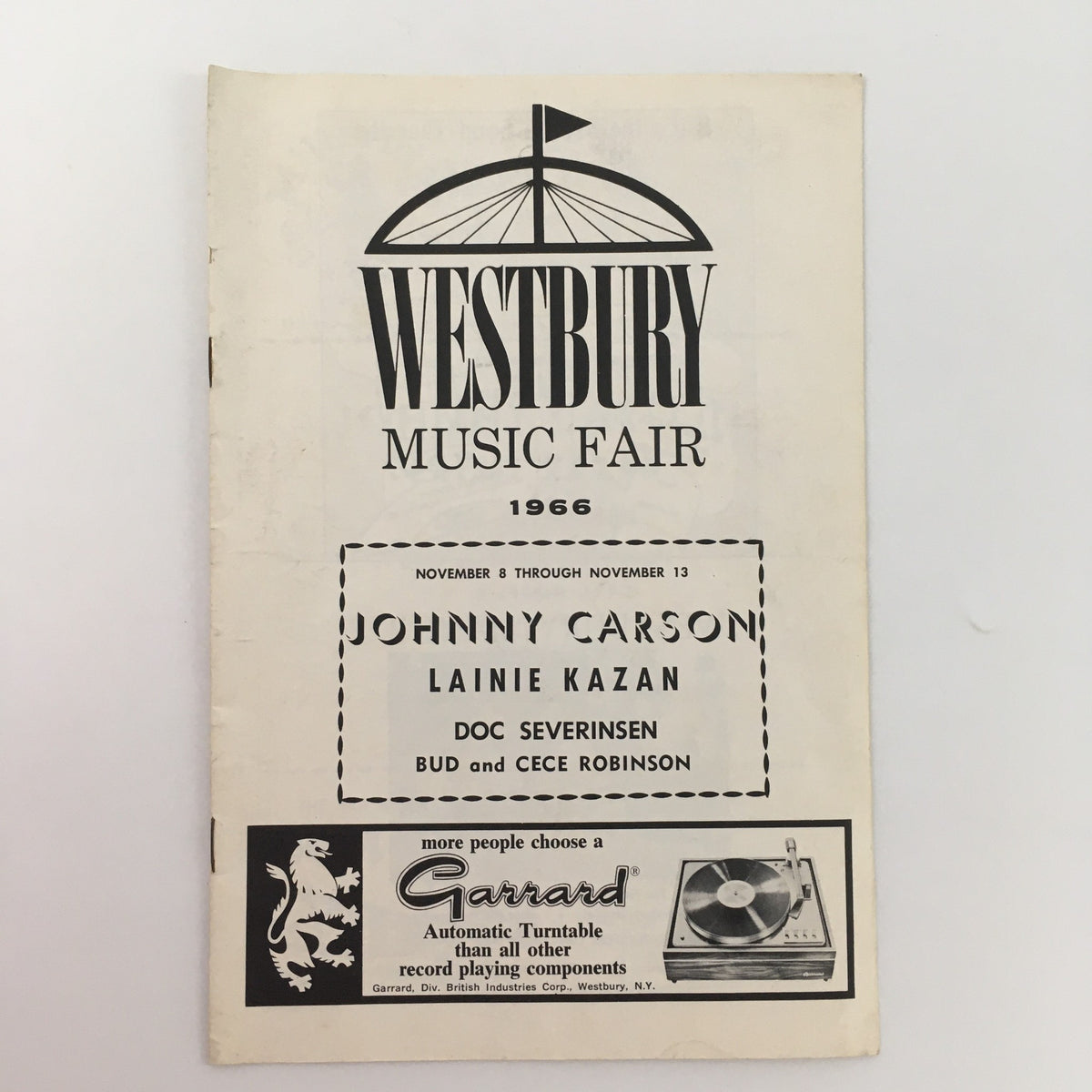 1966 Westbury Music Fair Program featuring Johnny Carson, Lainie Kazan, and CeCe Robinson. Cover showcases the event details with a classic design.