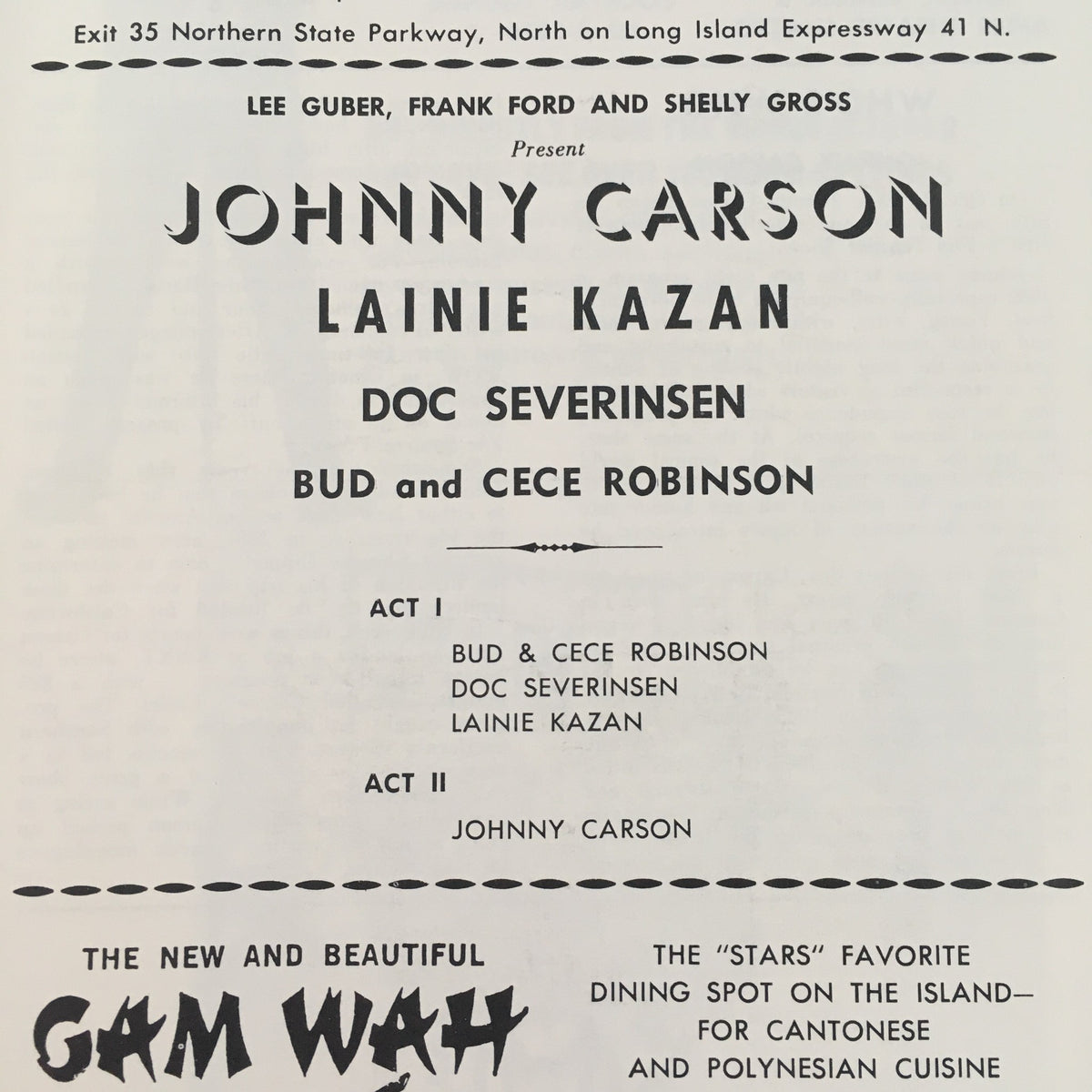 Inside page of the 1966 Westbury Music Fair Program presenting Johnny Carson, Lainie Kazan, Doc Severinsen, Bud and CeCe Robinson with performance acts listed.