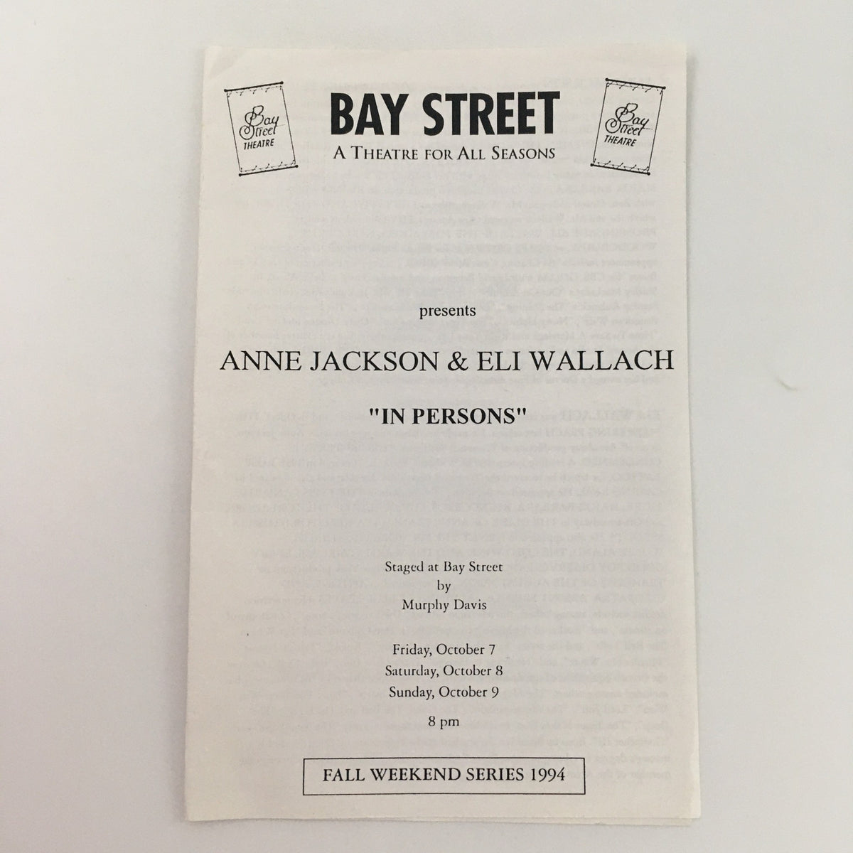 1994 Bay Street Theatre program featuring Anne Jackson and Eli Wallach in 'In Persons' by Murphy Davis, staged on October 7 and 9, showcasing the Fall Weekend Series.