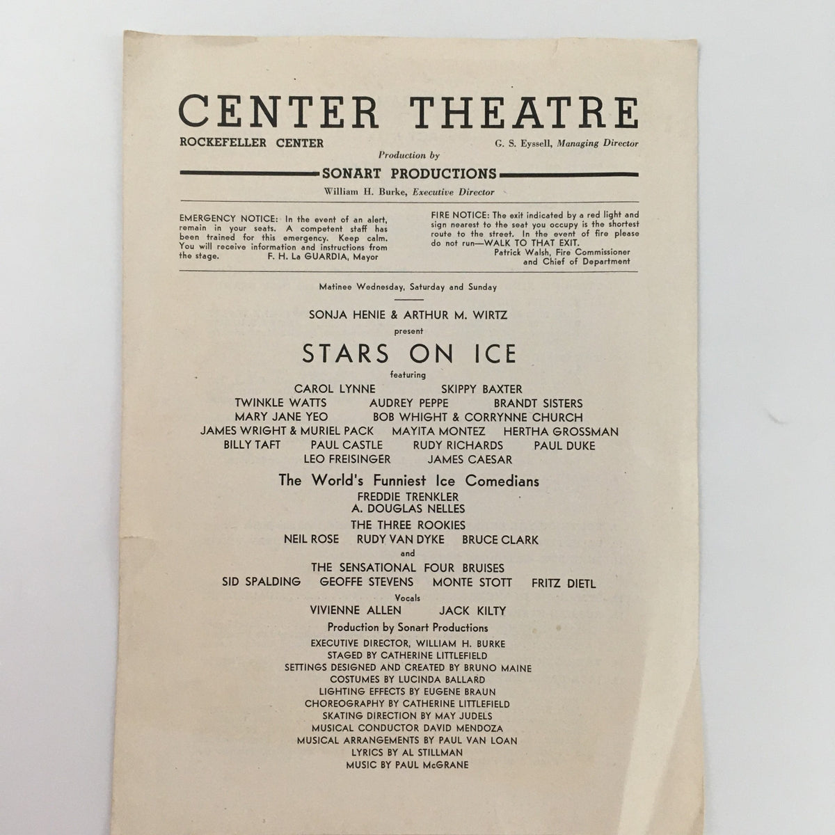 Front cover of the 1943 Center Theatre 'Stars on Ice' booklet featuring Sonja Henie and Arthur Wirtz, showcasing a vintage theater program from Rockefeller Center.
