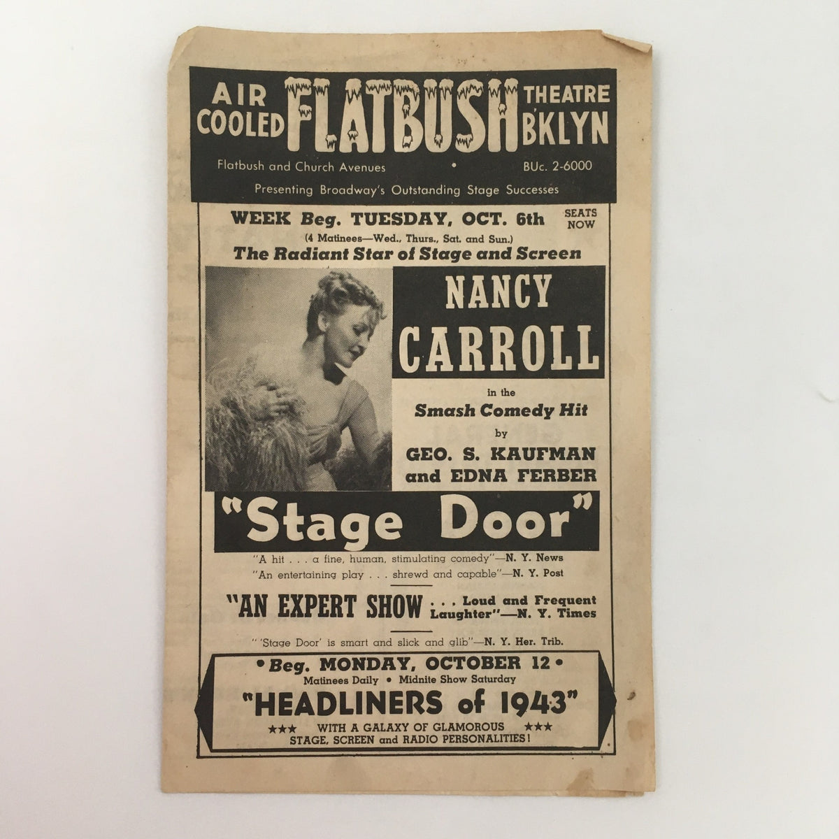 1943 Flatbush Theatre advertisement featuring Nancy Carroll in 'Stage Door', showcasing comedy performances, with details about showtimes and tickets.