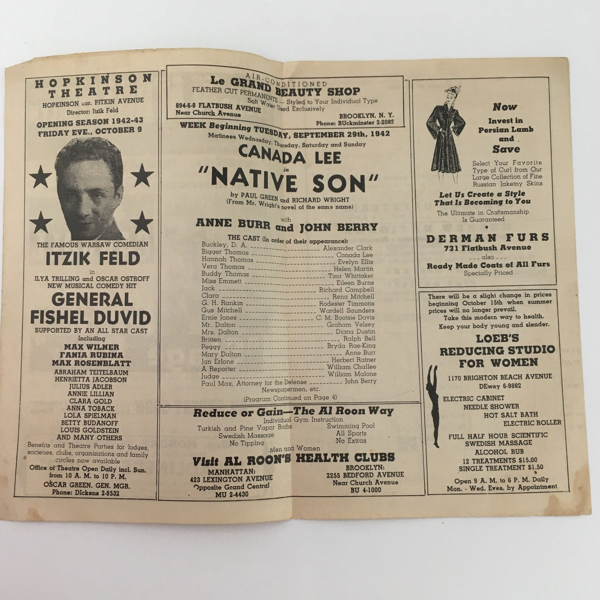 1942 Hopkinson Theatre program for 'Native Son' by Paul Green and Richard Wright, featuring cast information and theatrical details, highlighting Canada Lee's performance.