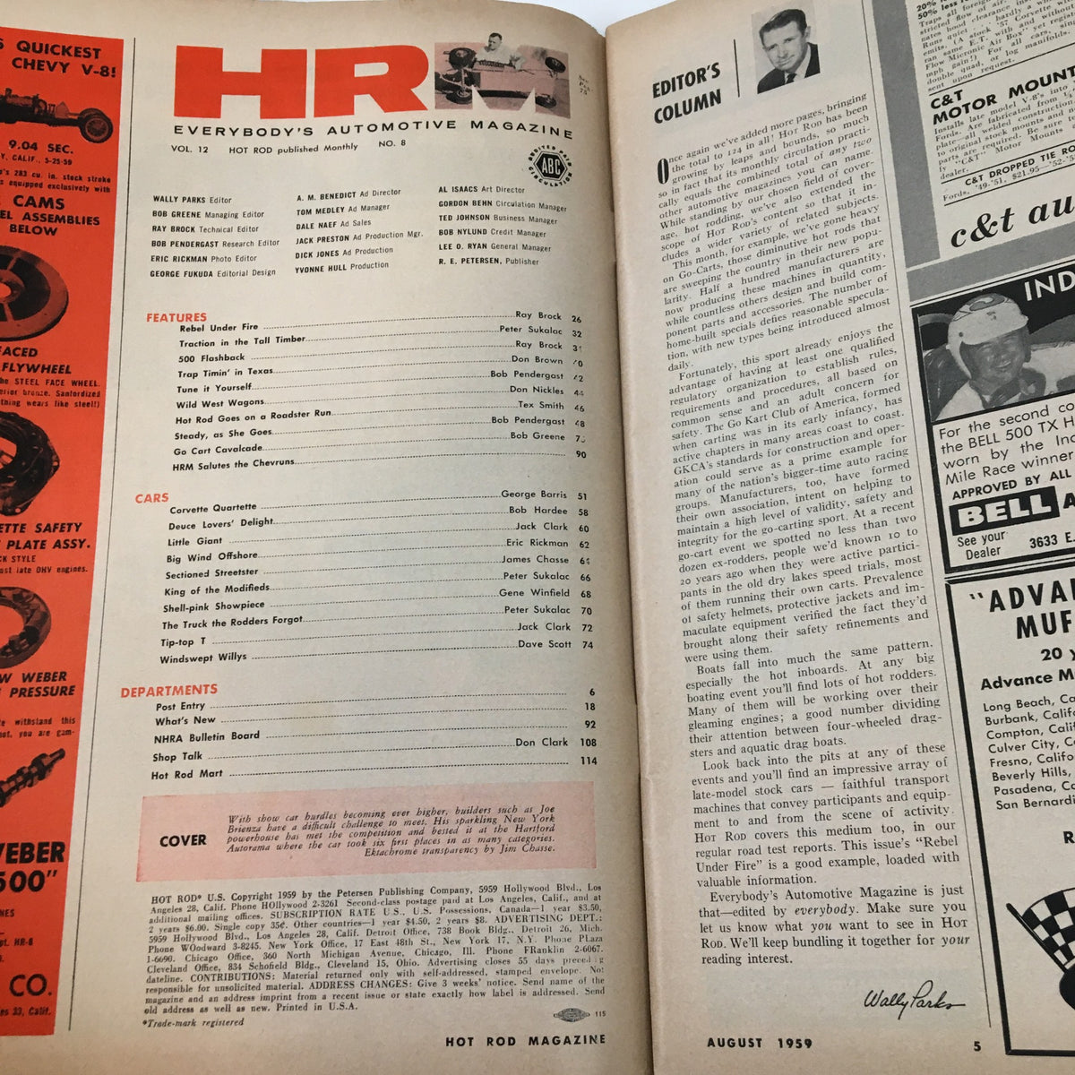 Interior page of VTG Hot Rod Magazine August 1959 displaying the table of contents and editor's column, giving insight into the magazine's features and automotive topics.