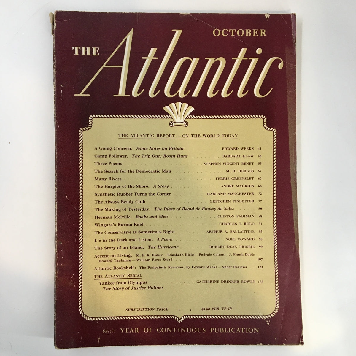 Cover of the October 1943 issue of VTG The Atlantic Magazine featuring the title prominently, showcasing articles including 'The Harpies of the Shore'.