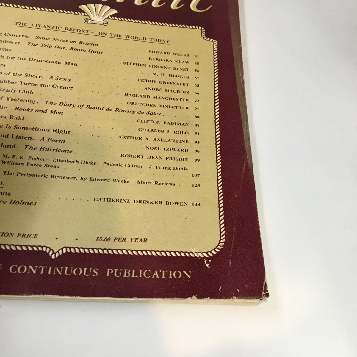 Contents page of VTG The Atlantic Magazine October 1943, featuring articles such as 'The Harpies of the Shore' and other literary works from the era.