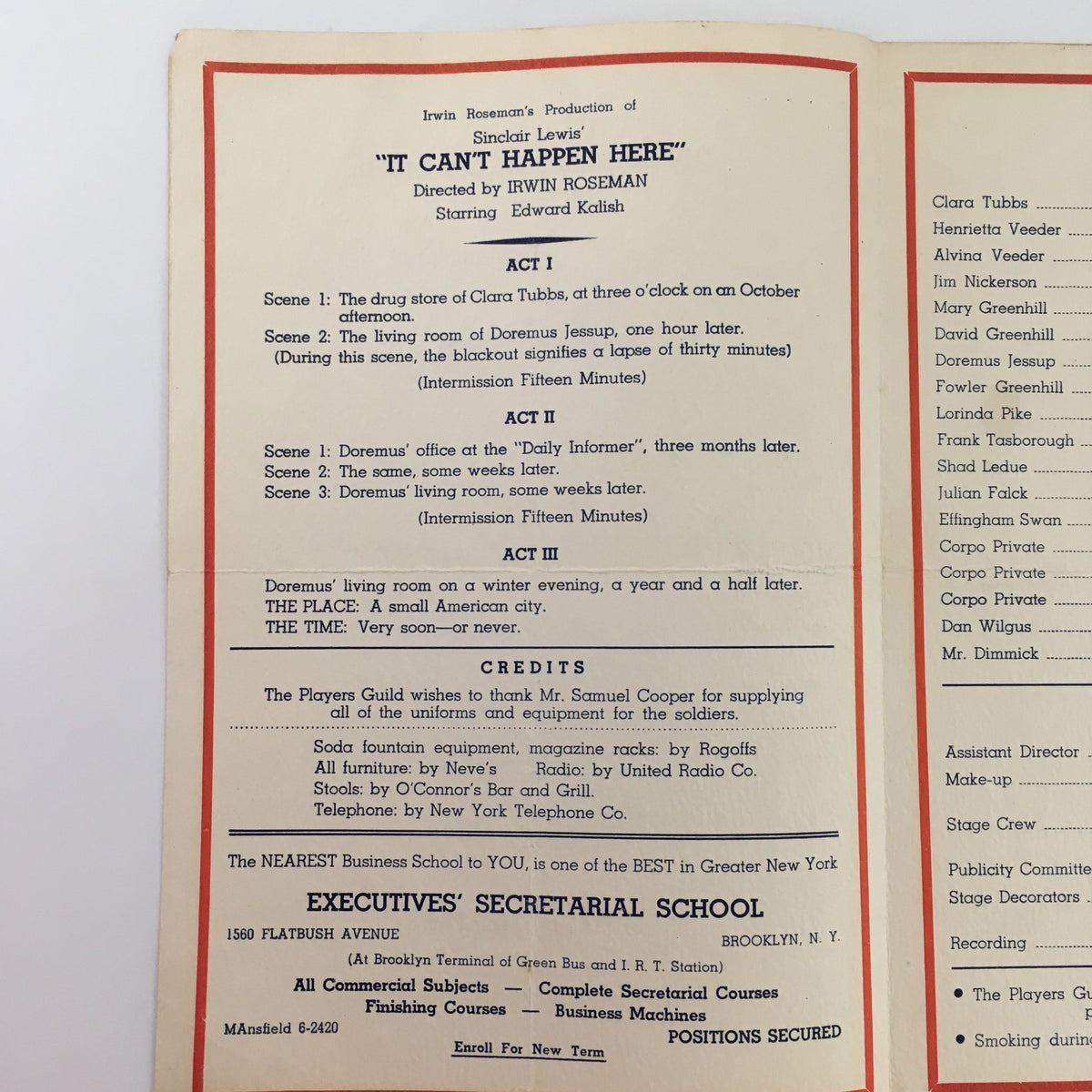 The programme for the 1935 Beth-El Theatre production of ‘It Can’t Happen Here’ by Sinclair Lewis, including details of Act I and credits.