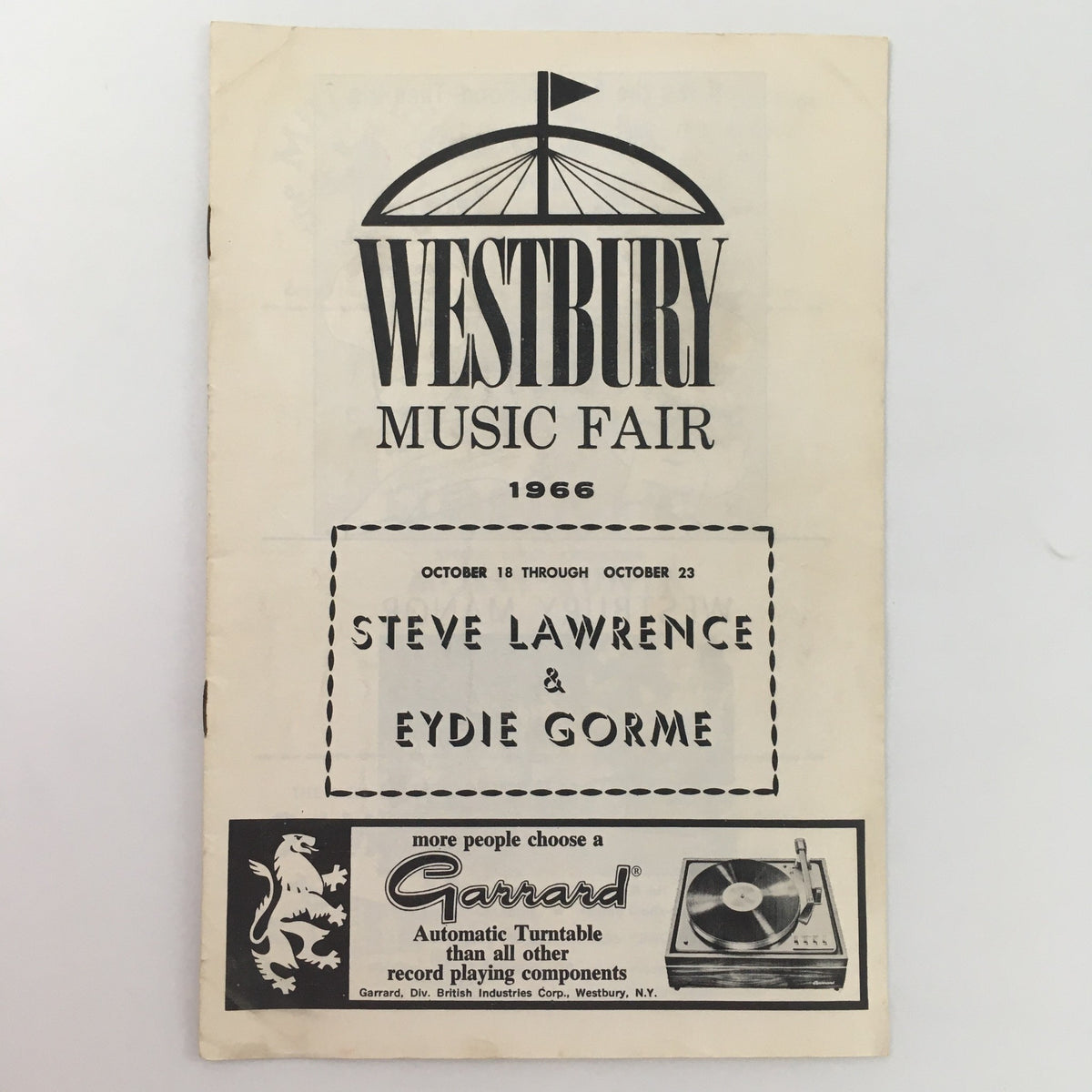 1966 Westbury Music Fair program cover presenting ‘Steve Lawrence & Eydie Gorme’. Features the title prominently with event details, including date and performances.