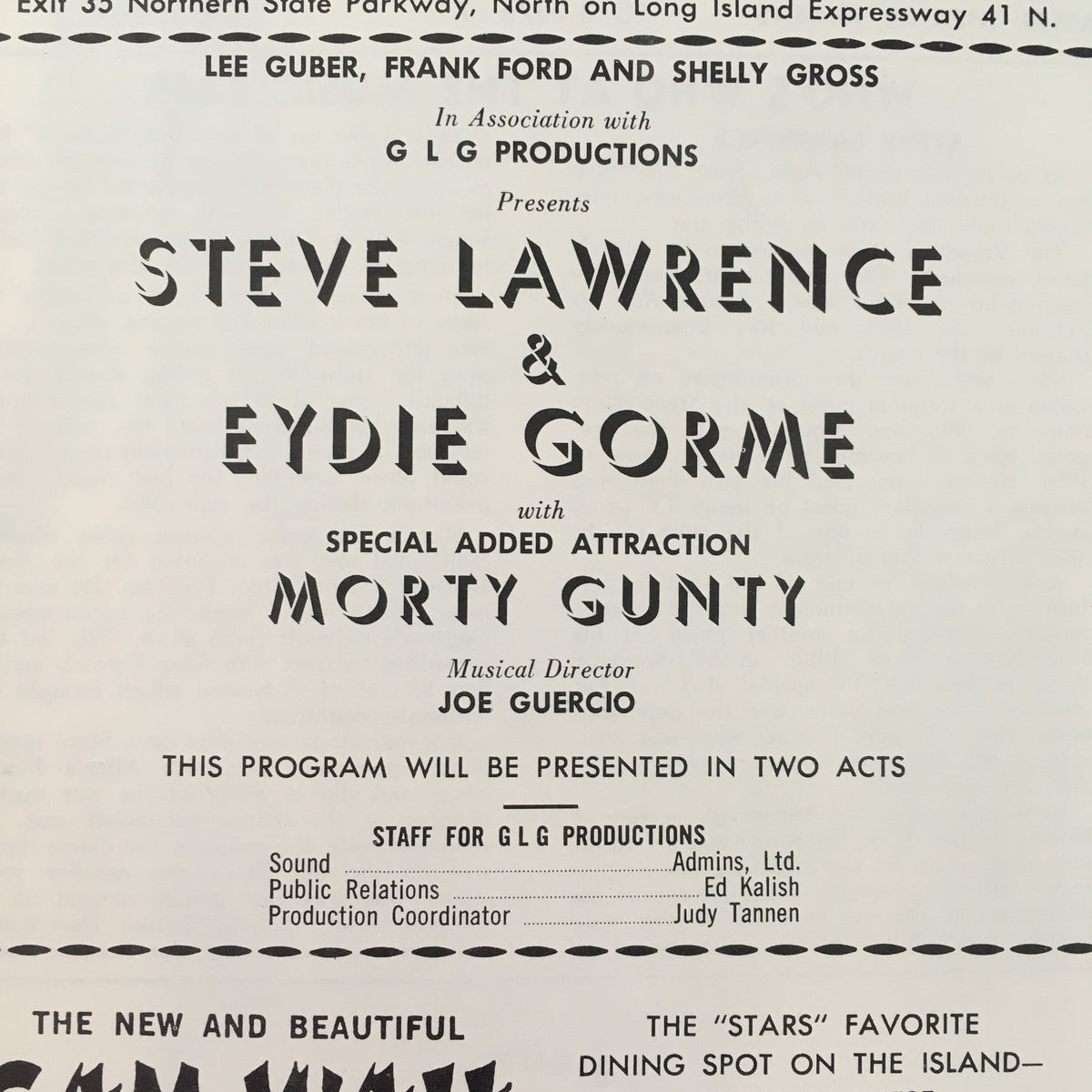 Interior page of the 1966 Westbury Music Fair program featuring ‘Steve Lawrence & Eydie Gorme’. Includes performance details and additional attractions with stylistic typography.