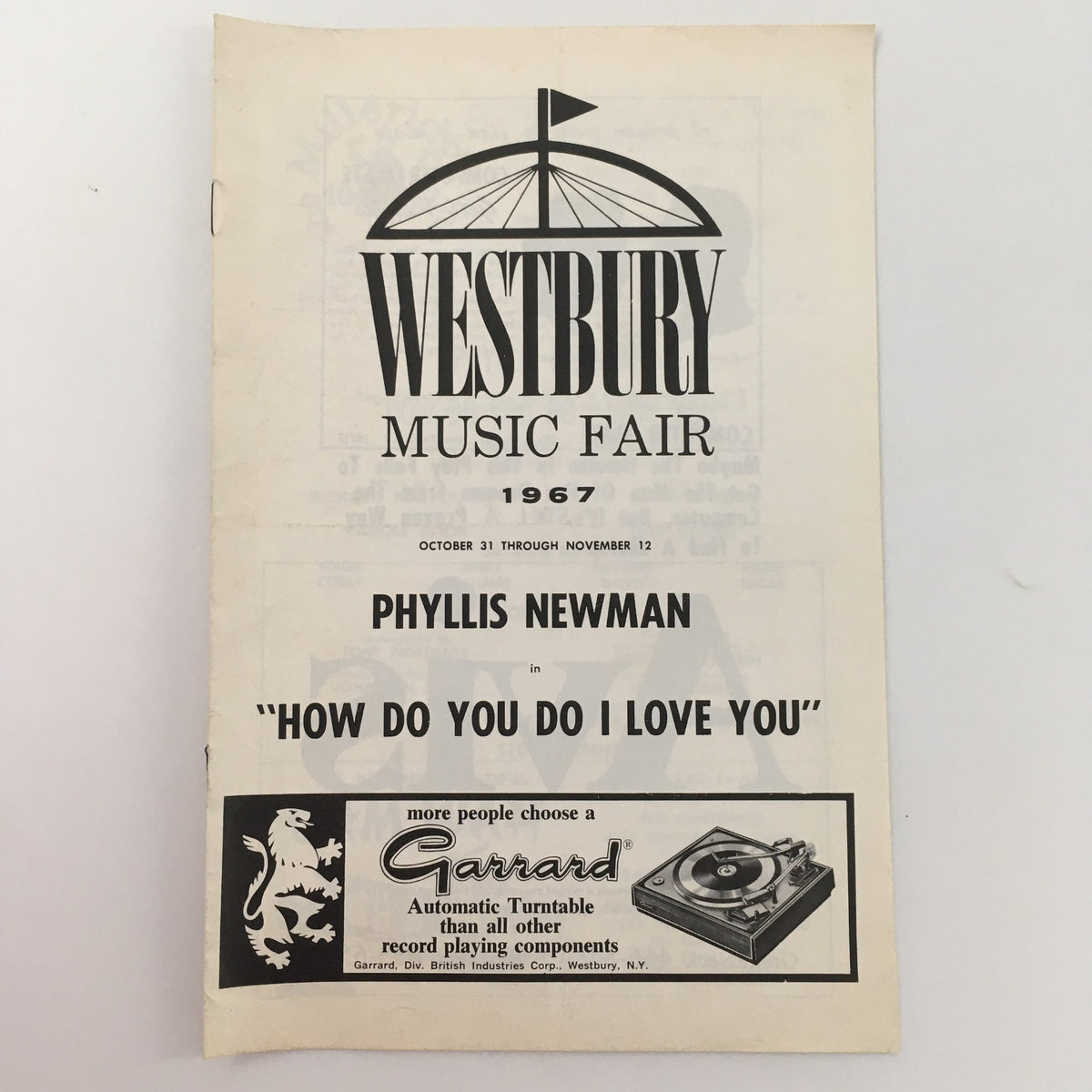1967 Westbury Music Fair program featuring Phyllis Newman in 'How Do You Do I Love You'. The cover includes the Westbury Music Fair logo and event dates.