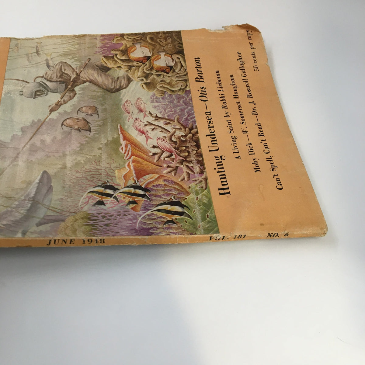 Front side of VTG The Atlantic Magazine June 1948, featuring the article 'Hunting Undersea' by Otis Barton and illustrated marine life, reflecting mid-20th-century design and condition.