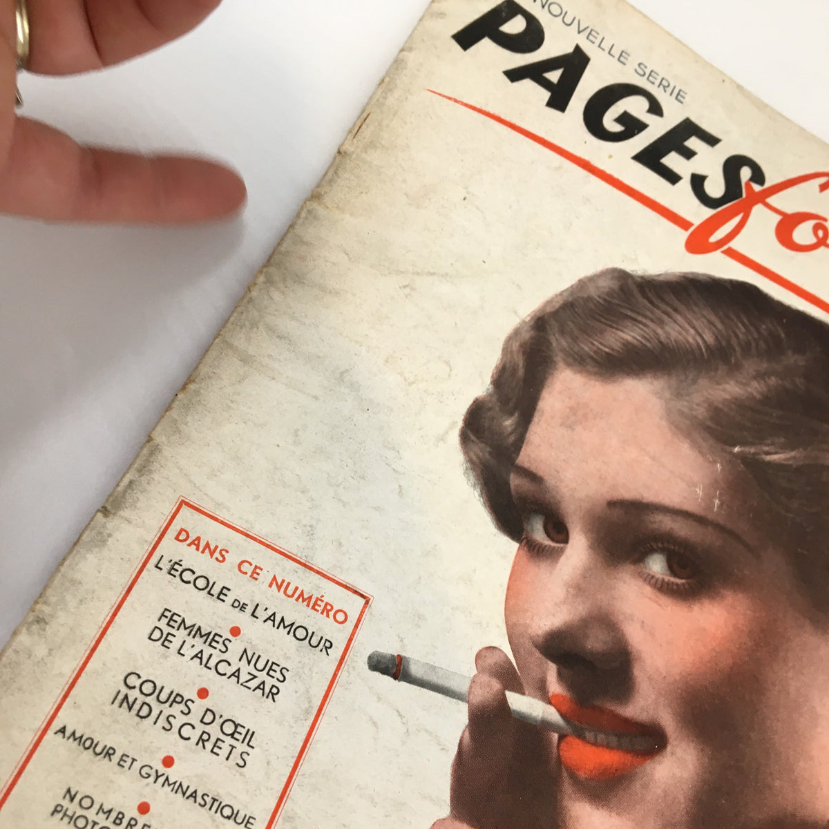Close-up of the VTG Pages Folles Magazine January 1936 cover, highlighting the woman with a cigarette and details of the magazine's content.