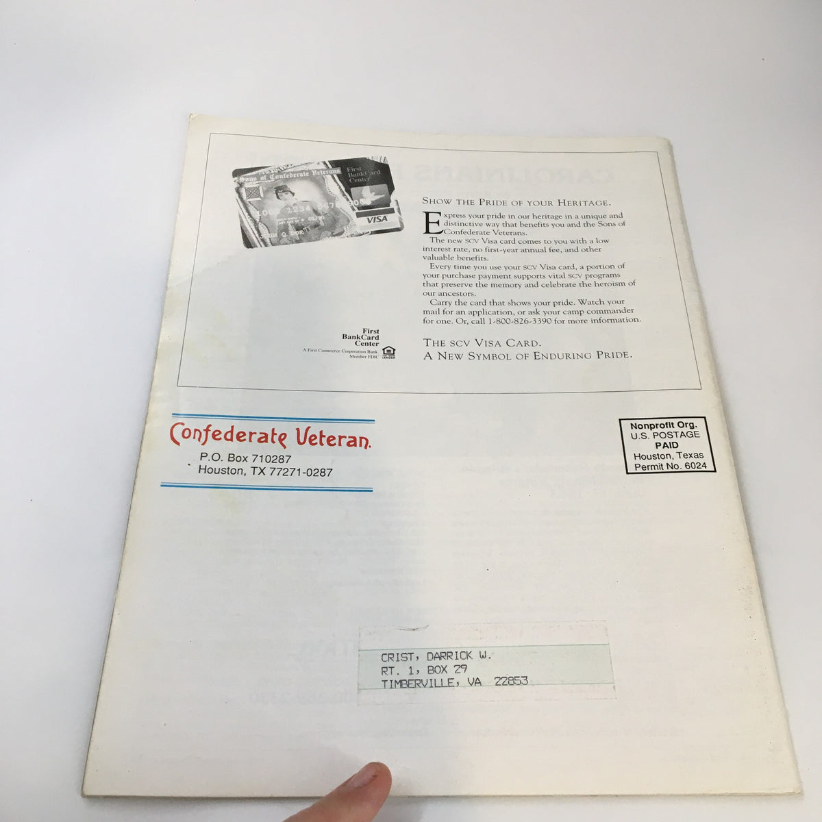 Back cover of Confederate Veteran Magazine January 1993 with contact information and advertisements, showcasing the publication's branding.