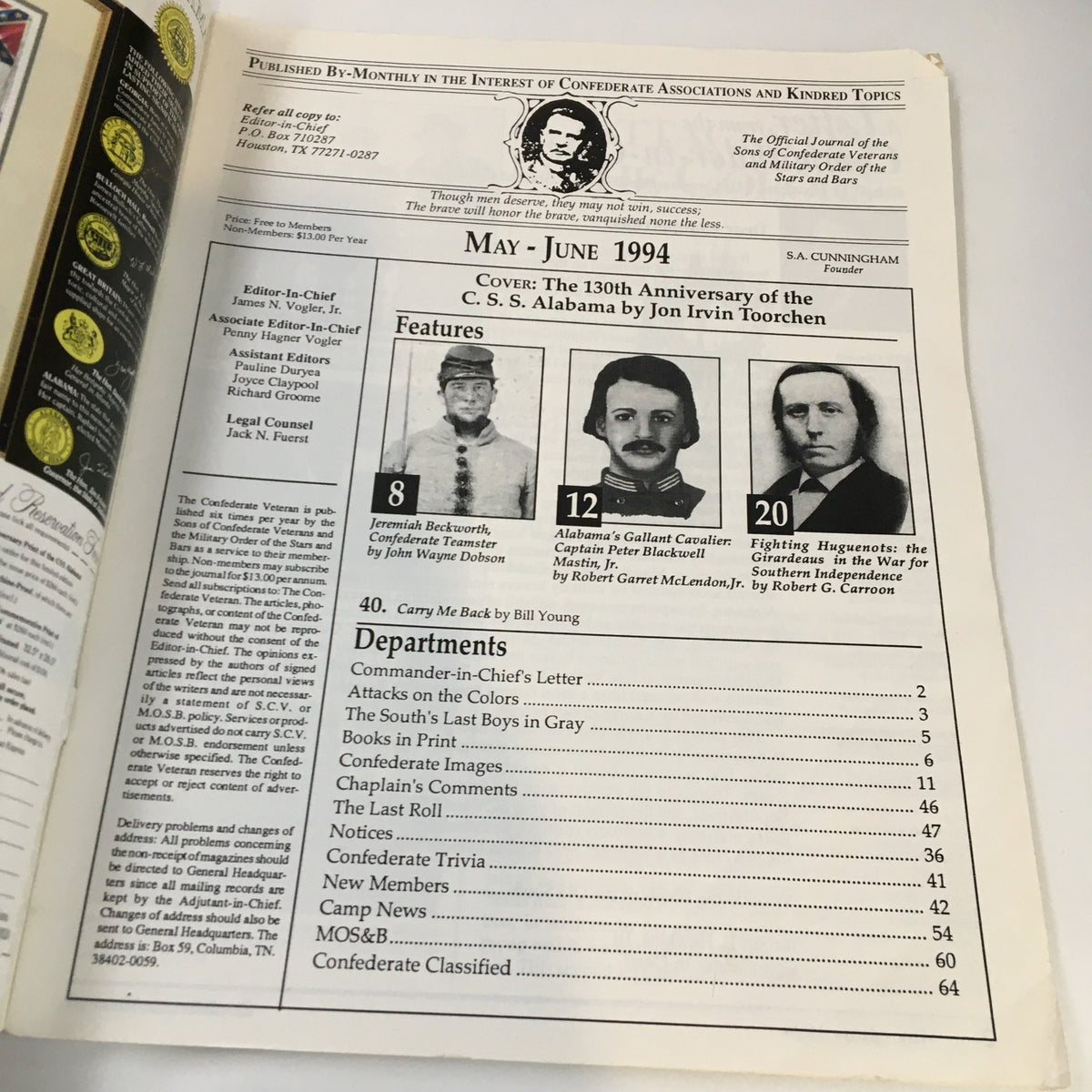 Inside page of the Confederate Veteran Magazine May 1994, showcasing articles, features and the cover story on the 130th Anniversary of the CSS Alabama.
