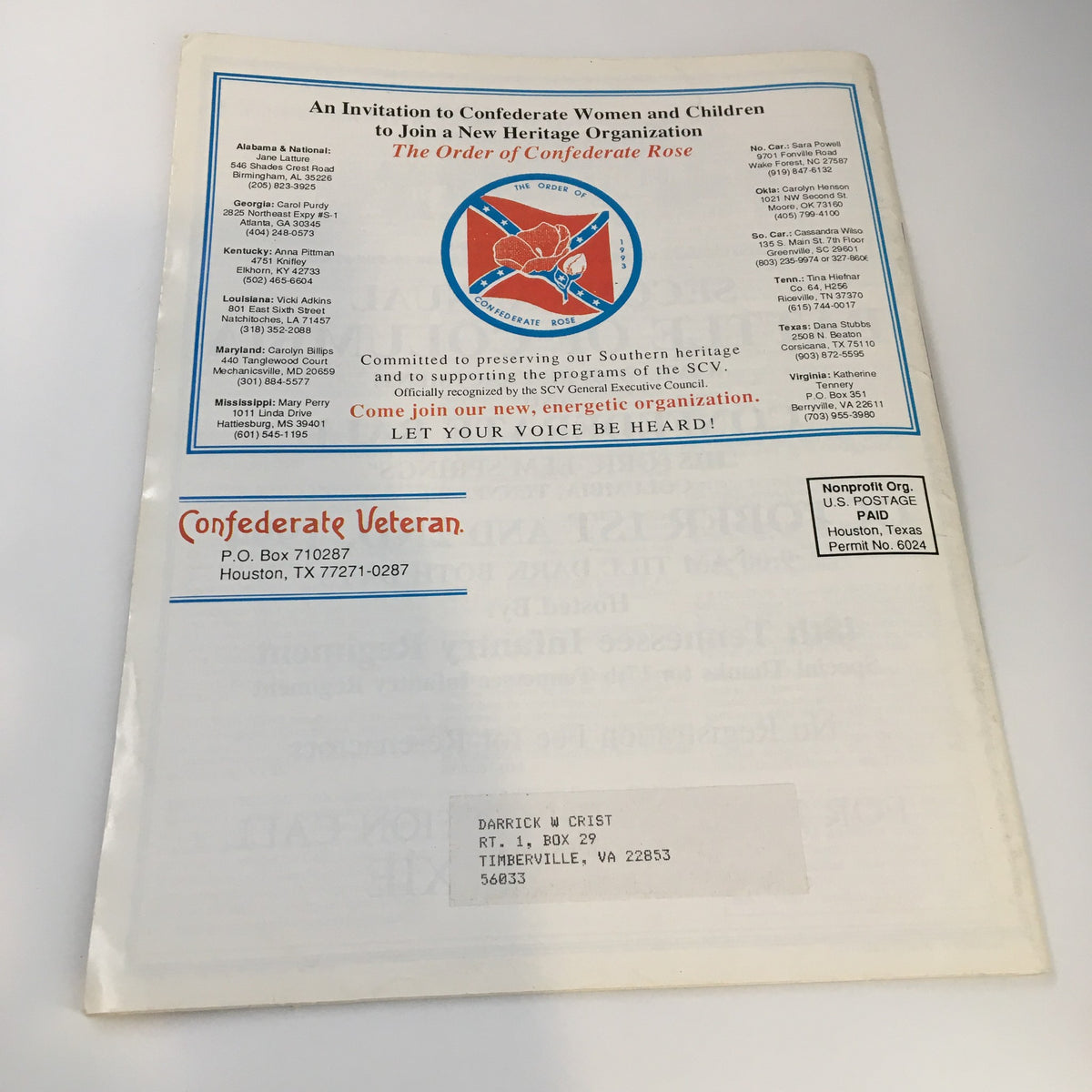 Back cover of the Confederate Veteran Magazine May 1994, containing information about the Order of Confederate Rose and a mailing address.