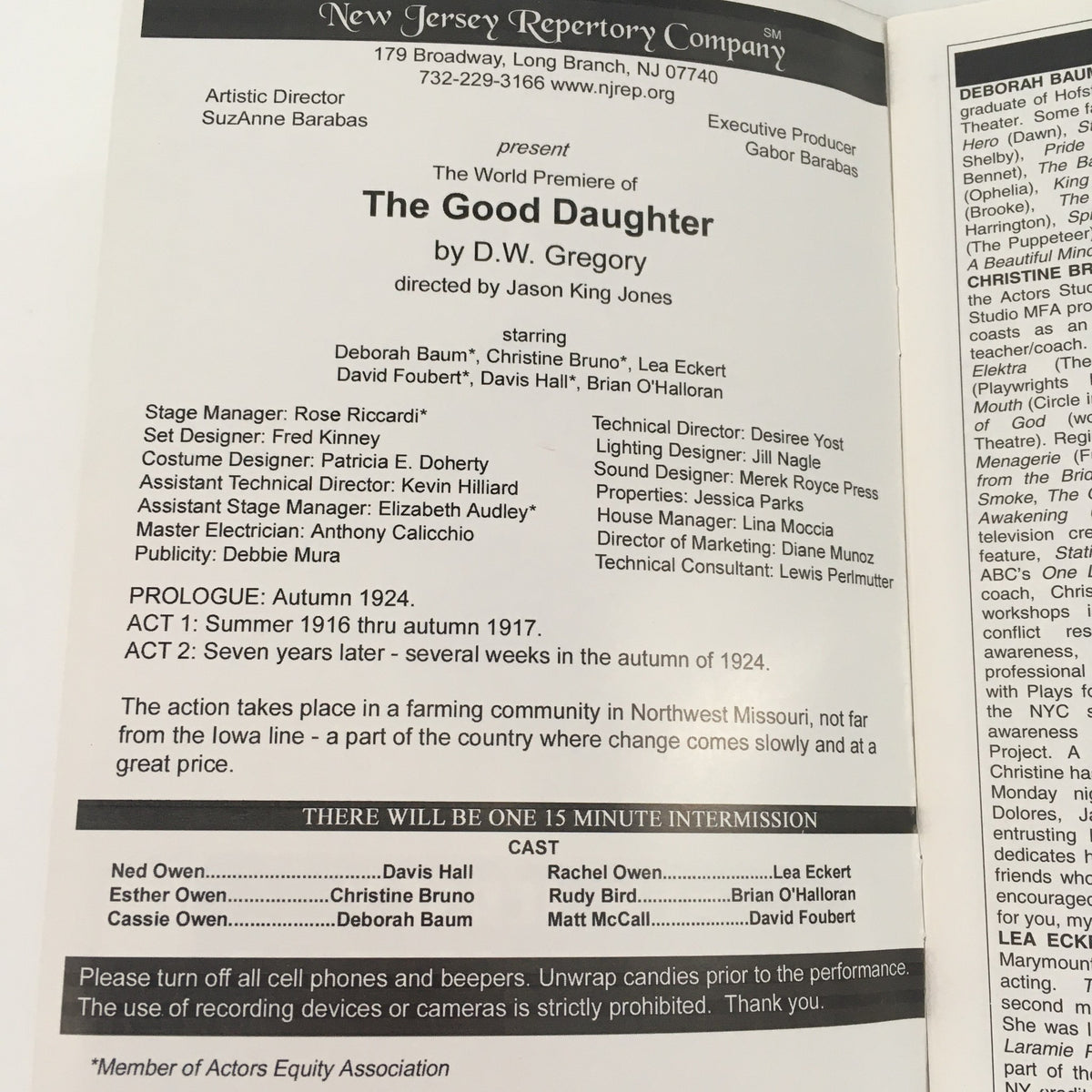 Inside view of the program for 'The Good Daughter' by D.W. Gregory, showcasing cast and crew details for the 2003 New Jersey Repertory Company production.