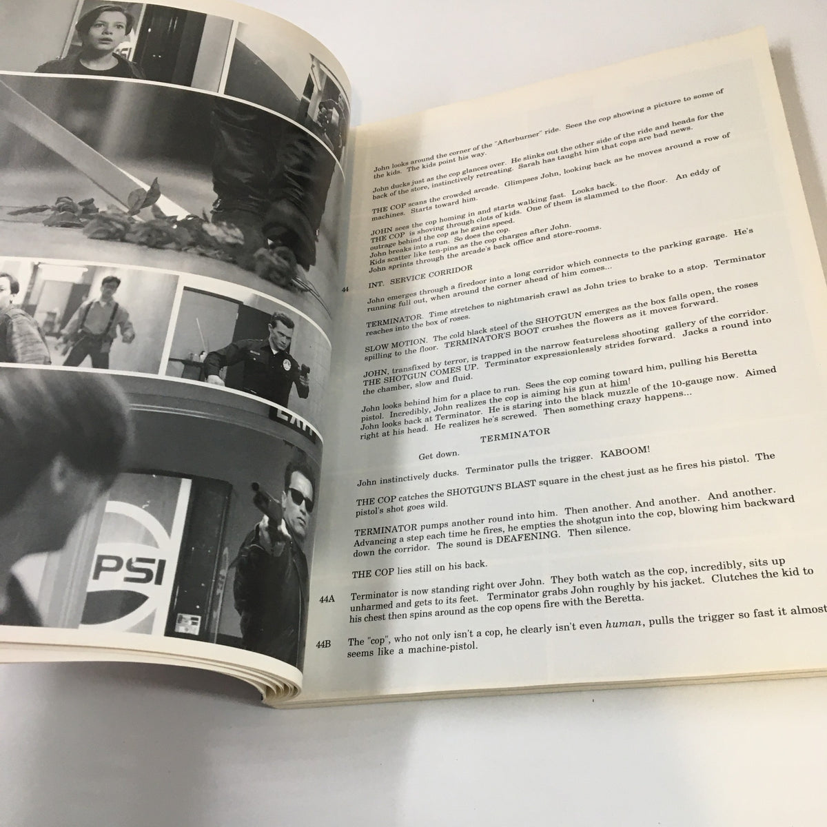 1991 Terminator 2 Judgement Day The Book of The Film An Illustrated Screenplay displaying a storyboard-like sequence of action scenes featuring the Terminator and John Connor.