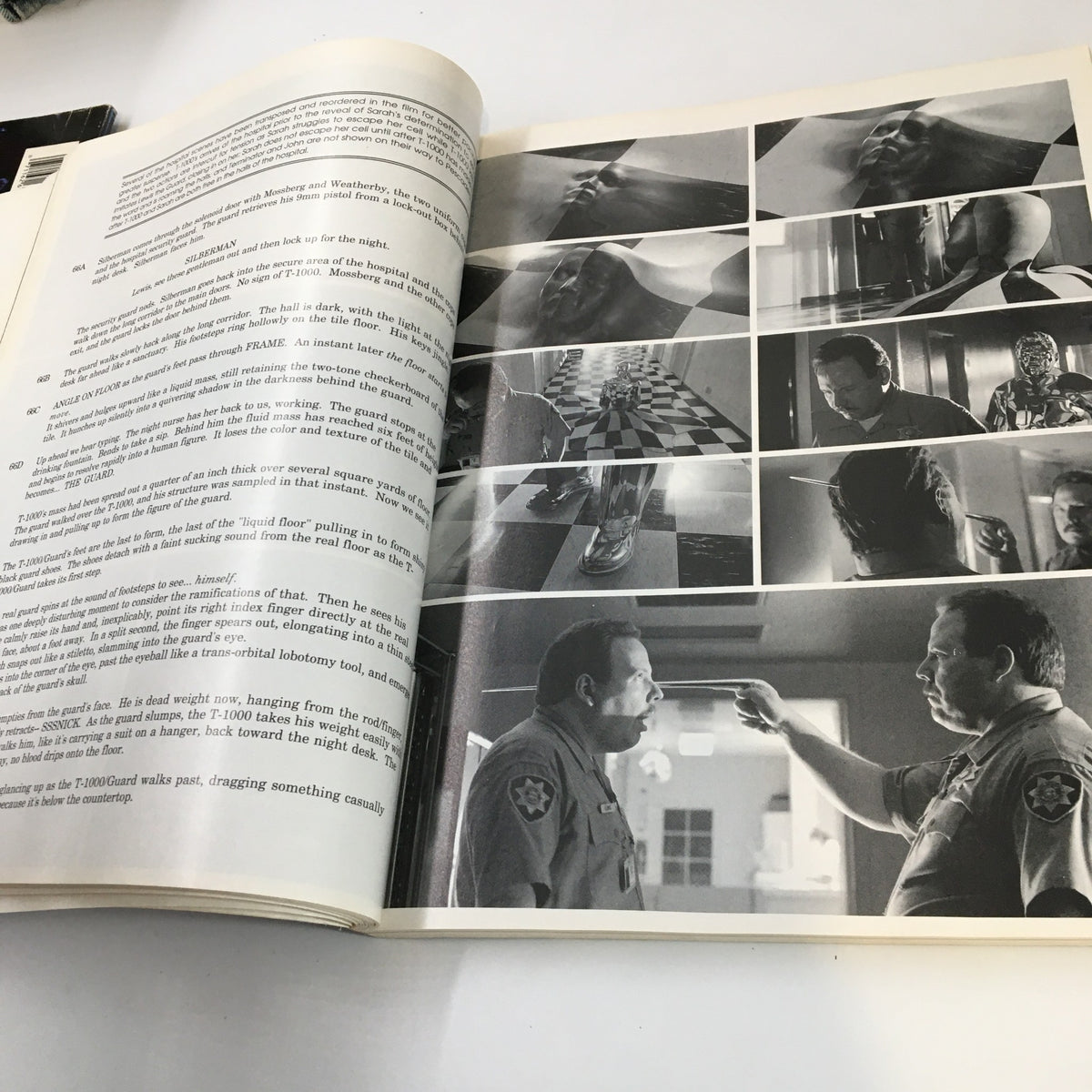 1991 Terminator 2 Judgement Day The Book of The Film An Illustrated Screenplay showing a variety of intense moments, including high-stakes confrontations and thematic elements from the movie.
