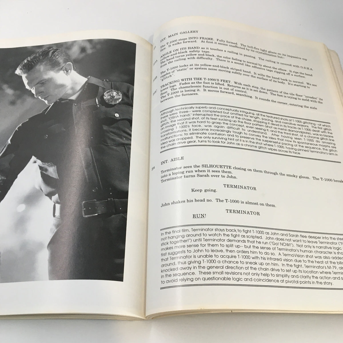 Page from '1991 Terminator 2 Judgement Day The Book of The Film An Illustrated Screenplay' featuring a scene analysis with a black and white photograph of a character.