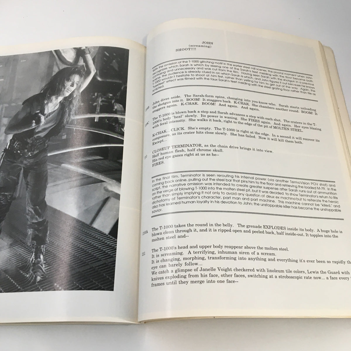 Page from '1991 Terminator 2 Judgement Day The Book of The Film An Illustrated Screenplay' showcasing a dramatic moment with a black and white photograph and screenplay dialogue.