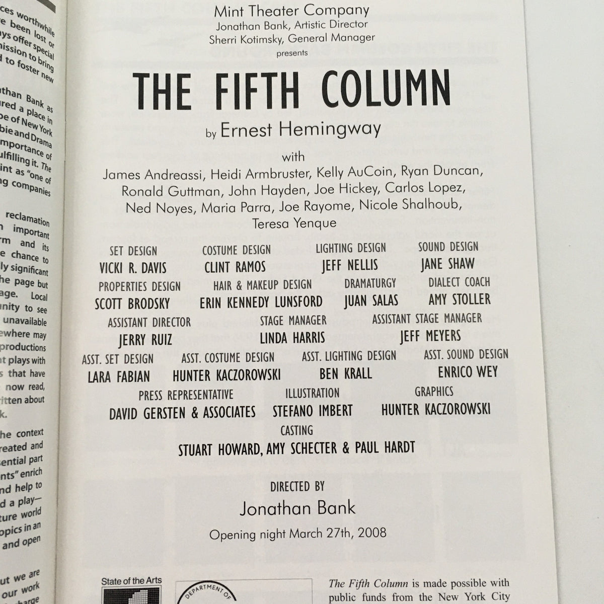 2008 Mint Theater Company program featuring 'The Fifth Column' by Ernest Hemingway, listing cast and crew, including Jonathan Bank as director and details of the opening night.