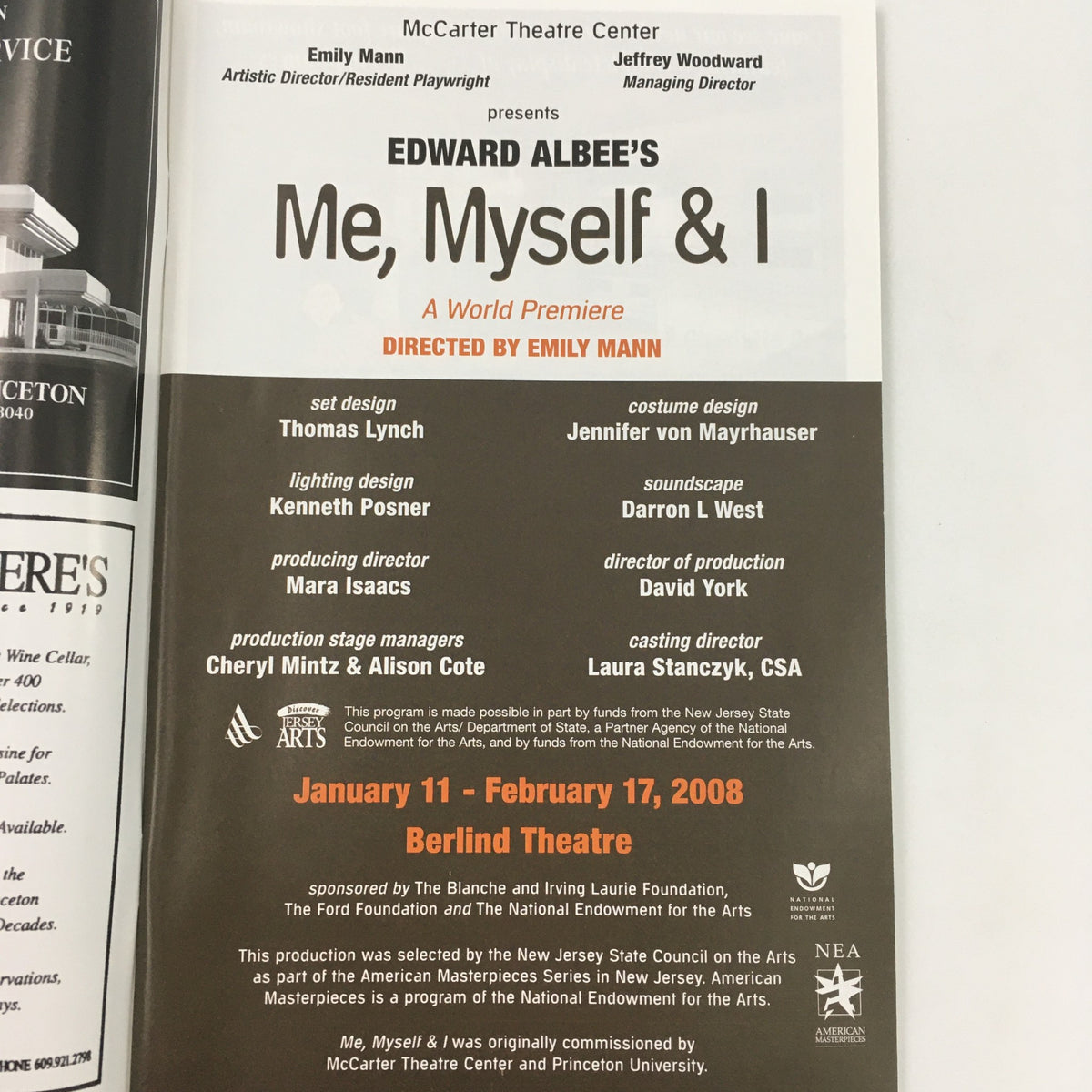 2008 McCarter Theatre Center ‘Me, Myself & I’ by Edward Albee, featuring a promotional poster with details about the world premiere, directed by Emily Mann, including cast and production information.
