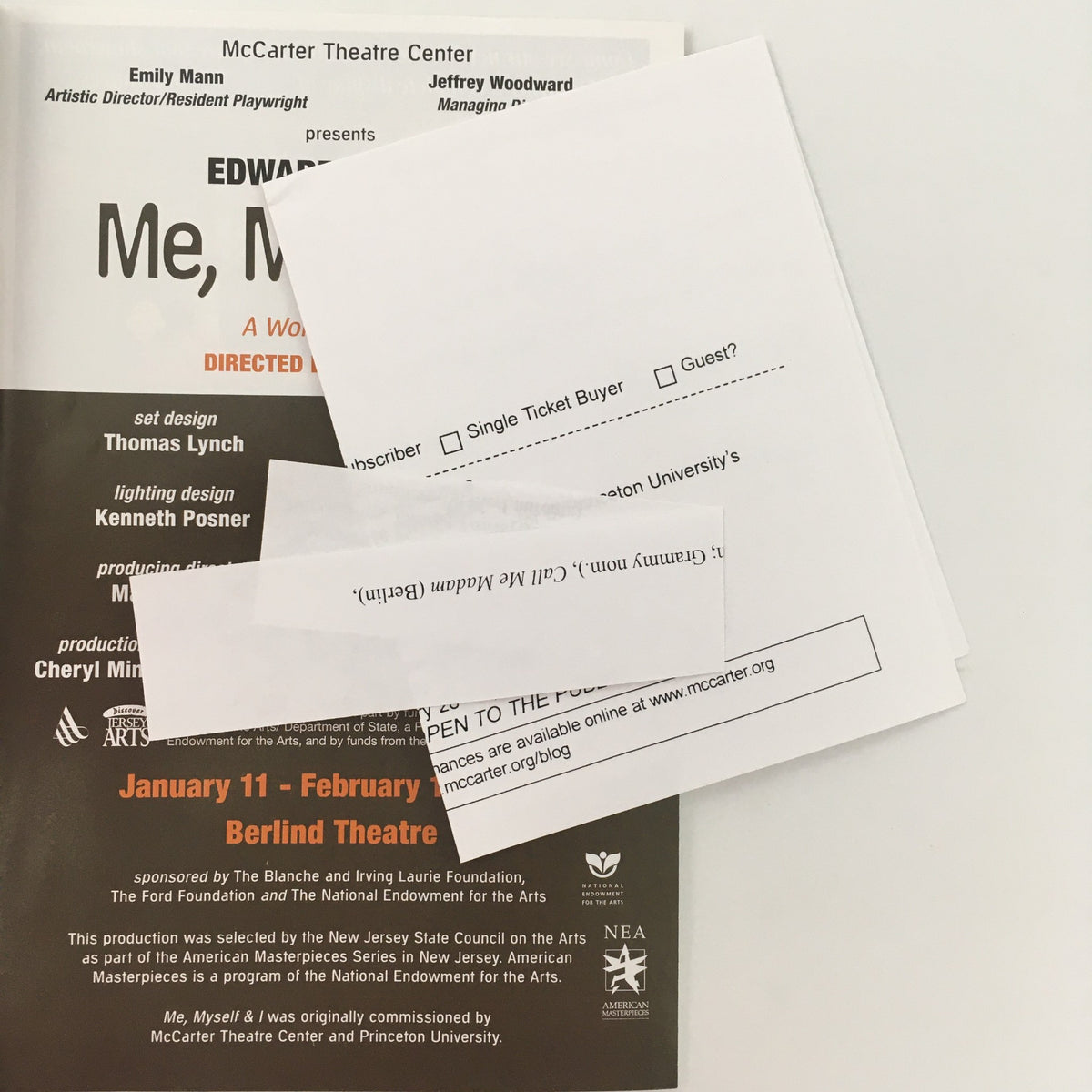 2008 McCarter Theatre Center ‘Me, Myself & I’ by Edward Albee, showcasing a pamphlet with ticketing options and subscription details for the world premiere event.