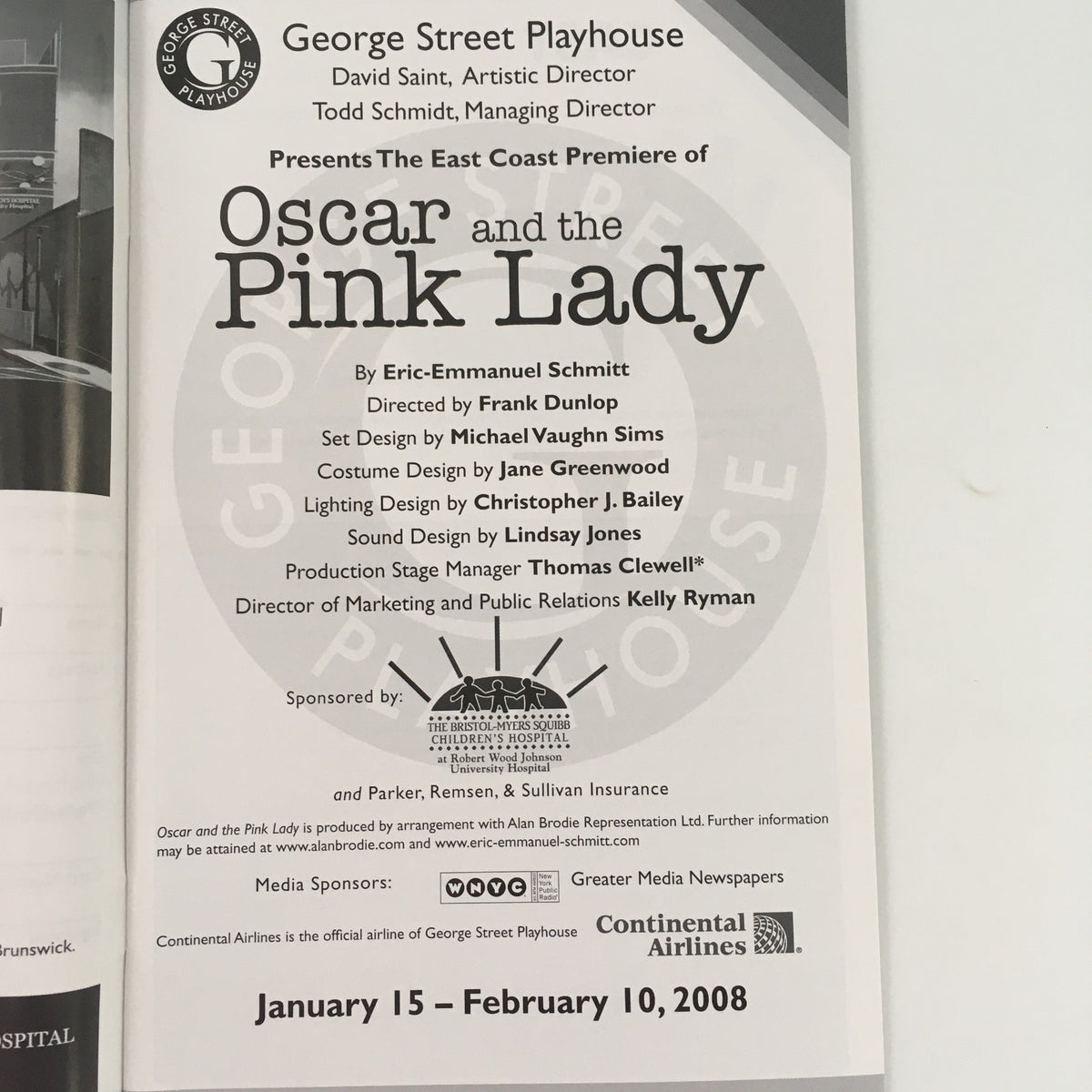 Program page for the East Coast premiere of 'Oscar and the Pink Lady' by Eric-Emmanuel Schmitt at George Street Playhouse, detailing the production team and performance dates.