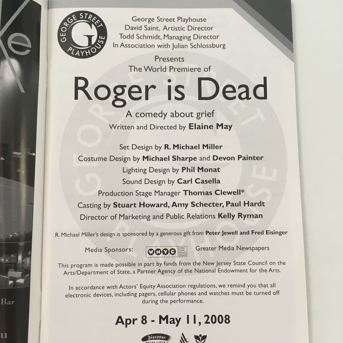 Promotional image for the world premiere of 'Roger is Dead' by Elaine May at George Street Playhouse, detailing cast and crew, performance schedule from April 8 to May 11, 2008.
