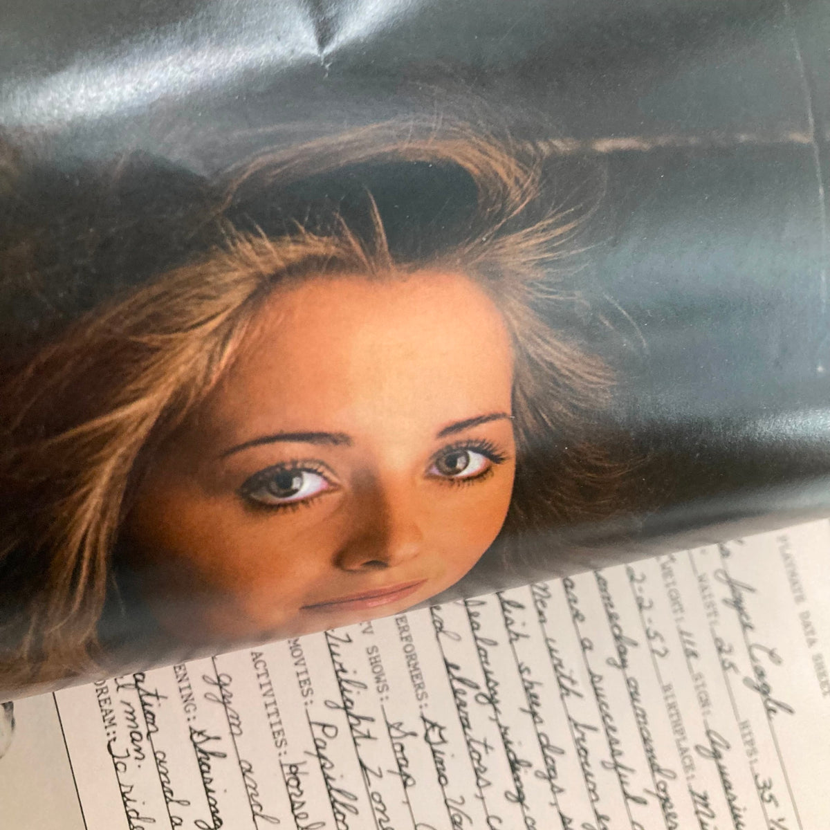 Inside page of VTG Playboy Magazine February 1980 displaying a beautiful image of Sandy Cagle, the Playmate featured in the centerfold, alongside handwritten notes.