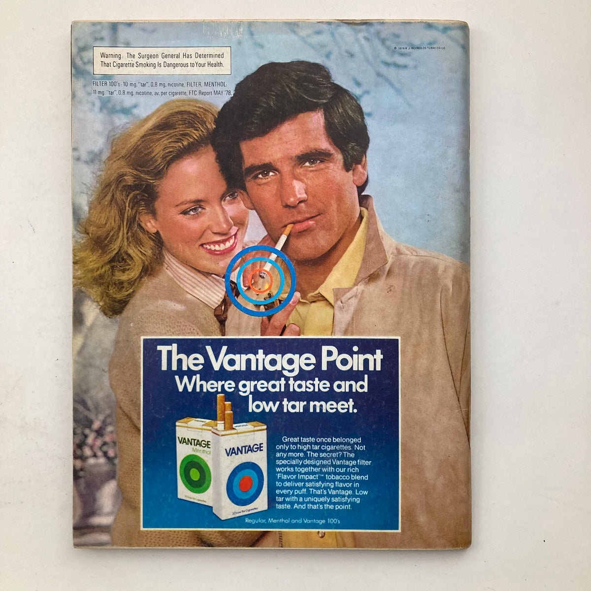 Back cover of VTG Playboy Magazine February 1980 showcasing an advertisement for Vantage cigarettes with a couple posing in a retro setting.