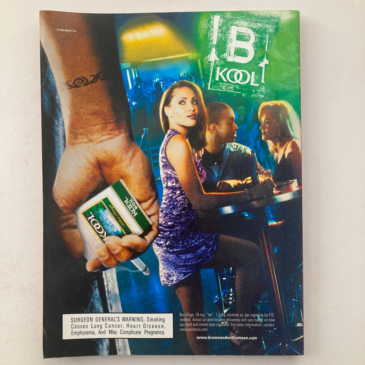 Back cover of Playboy Magazine November 1999, displaying an advertisement for Kool cigarettes in a nightlife setting. The cover reflects the trends and marketing styles of the late 90s.