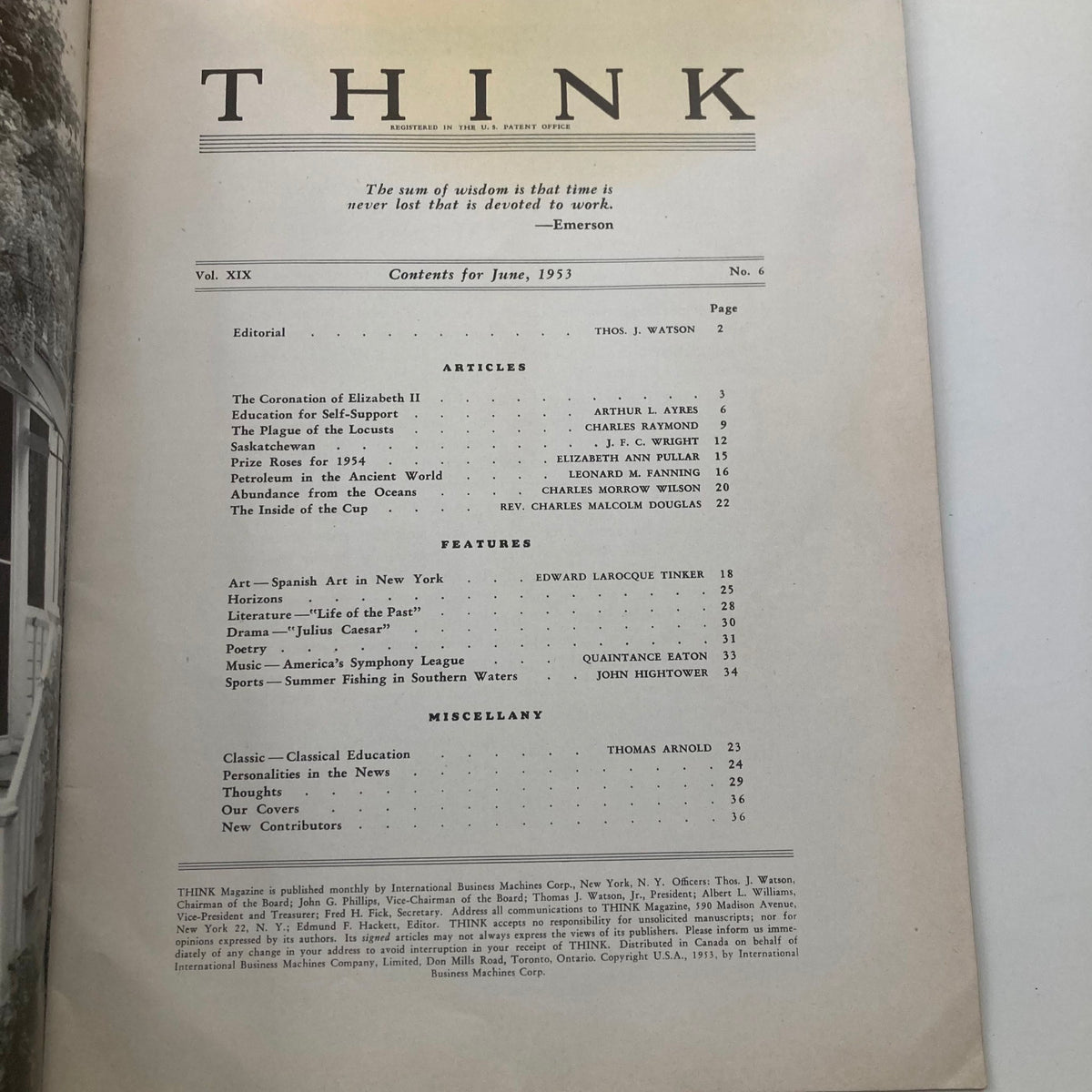 Contents page of VTG Think Magazine June 1953, Volume 19, Number 6, outlining articles and features including the Coronation of Elizabeth II.