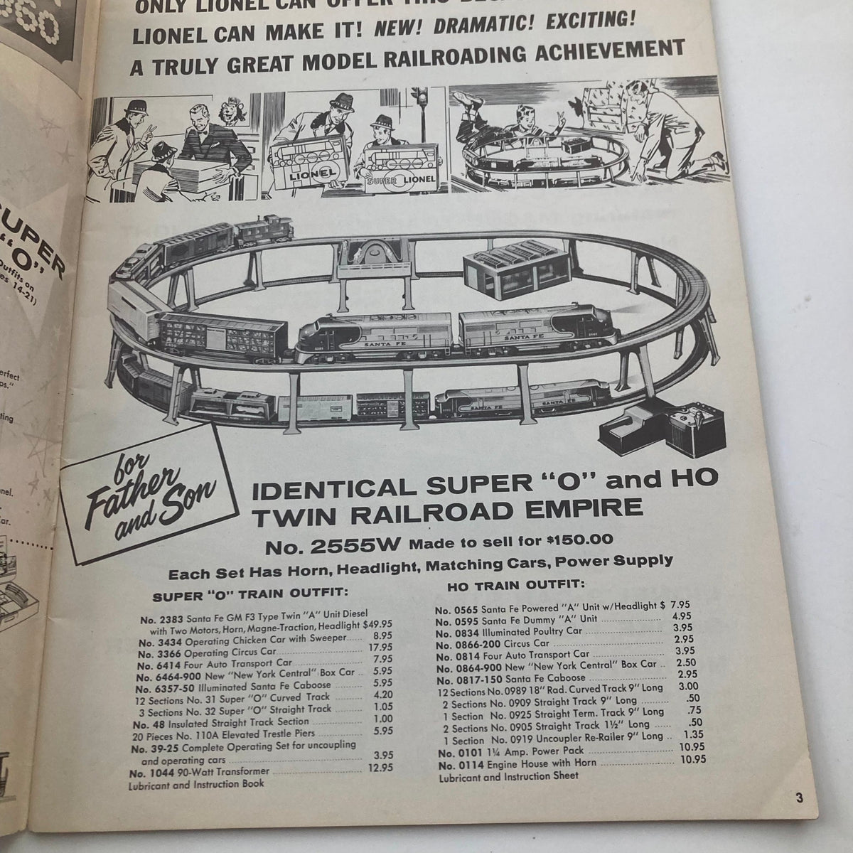 Inside page of the VTG 1960 Lionel Trains "027" Super "O" and Ho Twin Railroad Empire Catalog showcasing the Identical Super and HO Twin Railroad Empire layout and pricing.
