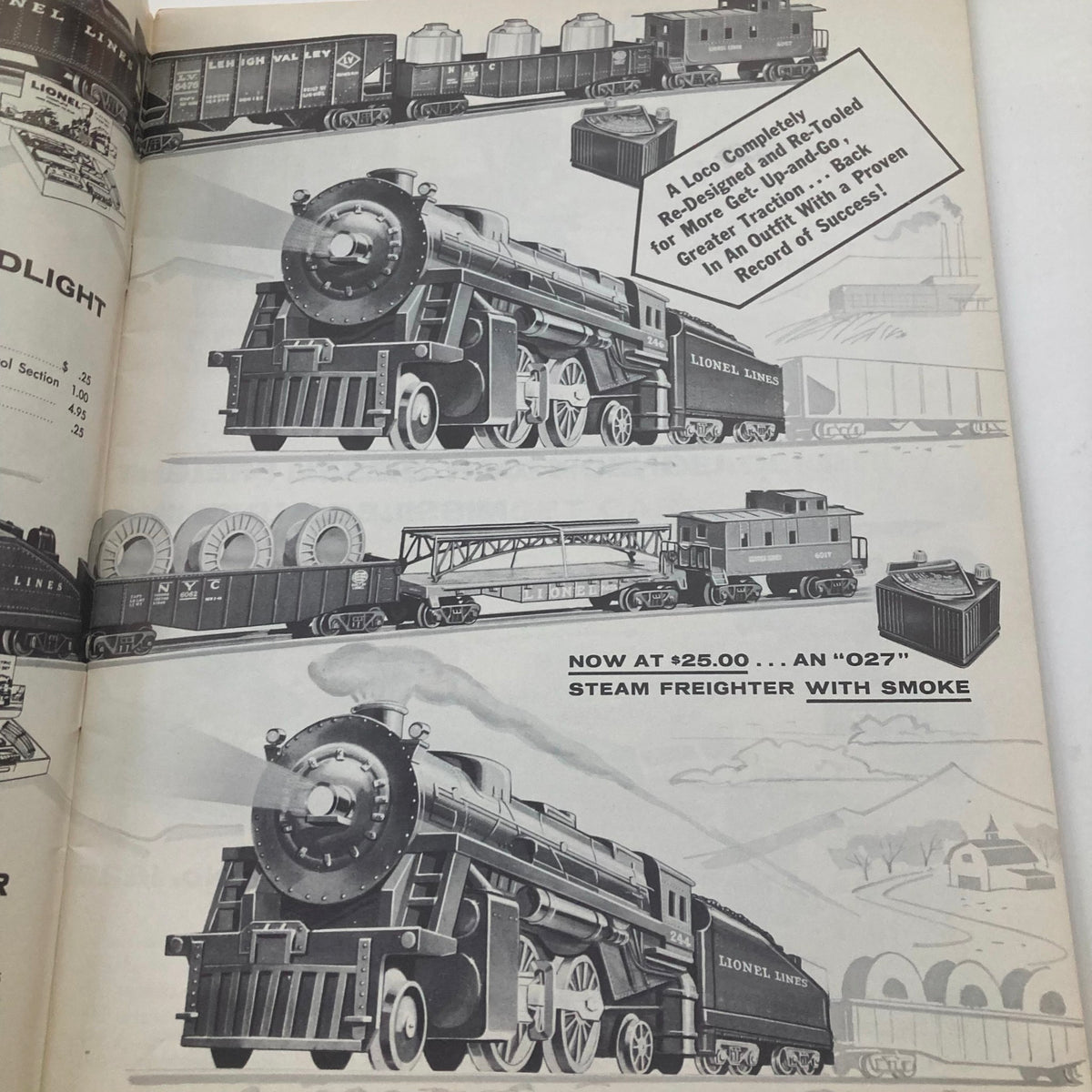 Illustration of a steam freighter train from the VTG 1960 Lionel Trains "027" Super "O" and Ho Twin Railroad Empire Catalog highlighting features and pricing.