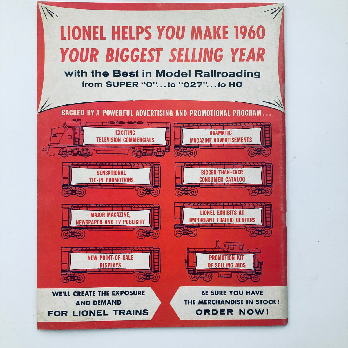 VTG 1960 Lionel Trains '027' Super 'O' and Ho Twin Railroad Empire Catalog cover featuring promotional details for model railroading, emphasizing the excitement and innovations of Lionel Trains.