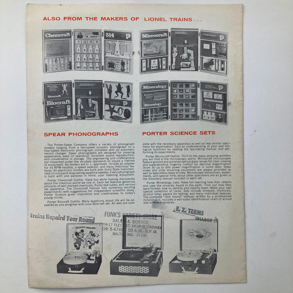 VTG 1968 Trains and Accessories Model Railroading Catalog featuring promotional content for additional products like Spear Phonographs and Porter Science Sets, emphasizing the range of collectibles available in model railroading.