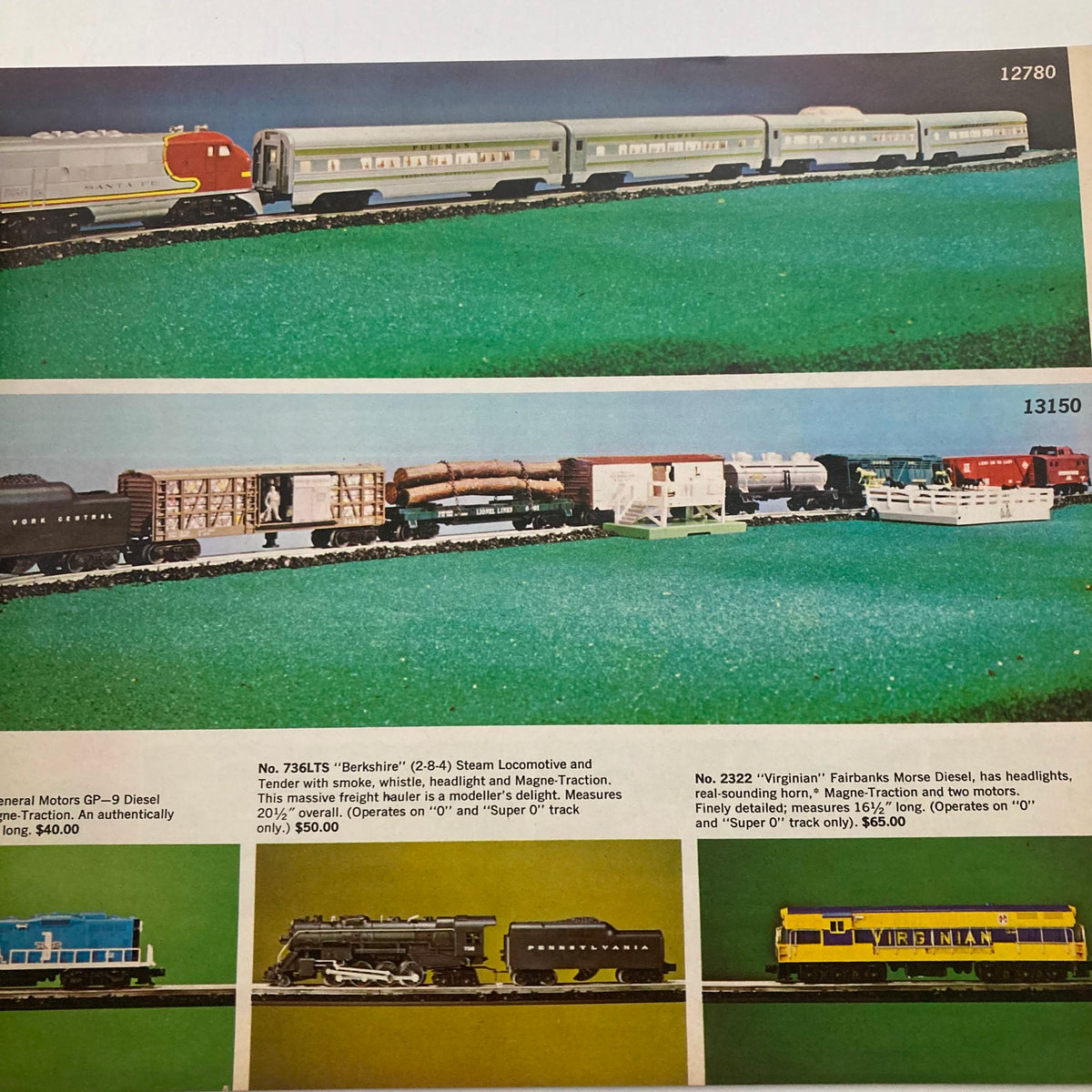 Page from the 1966 Trains Raceways Phonographs & Science Sets Catalog showcasing various Lionel model trains on a green background.