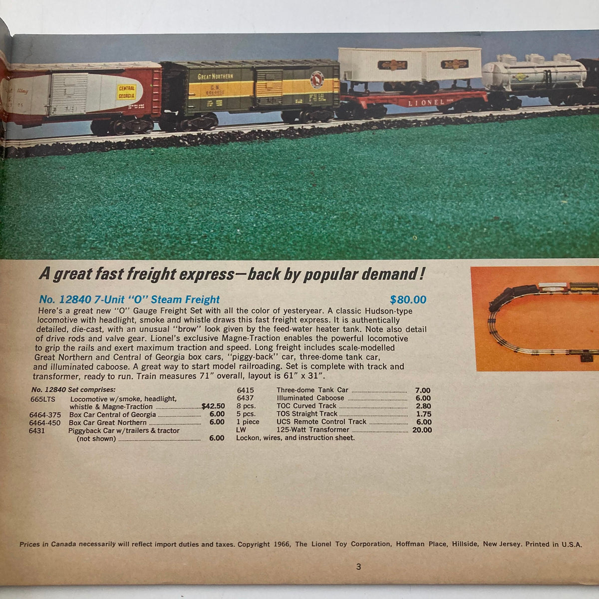 Detailed description of the 12840 7-Unit O Steam Freight from the Vintage 1966 Trains Raceways Phonographs & Science Sets Catalog.