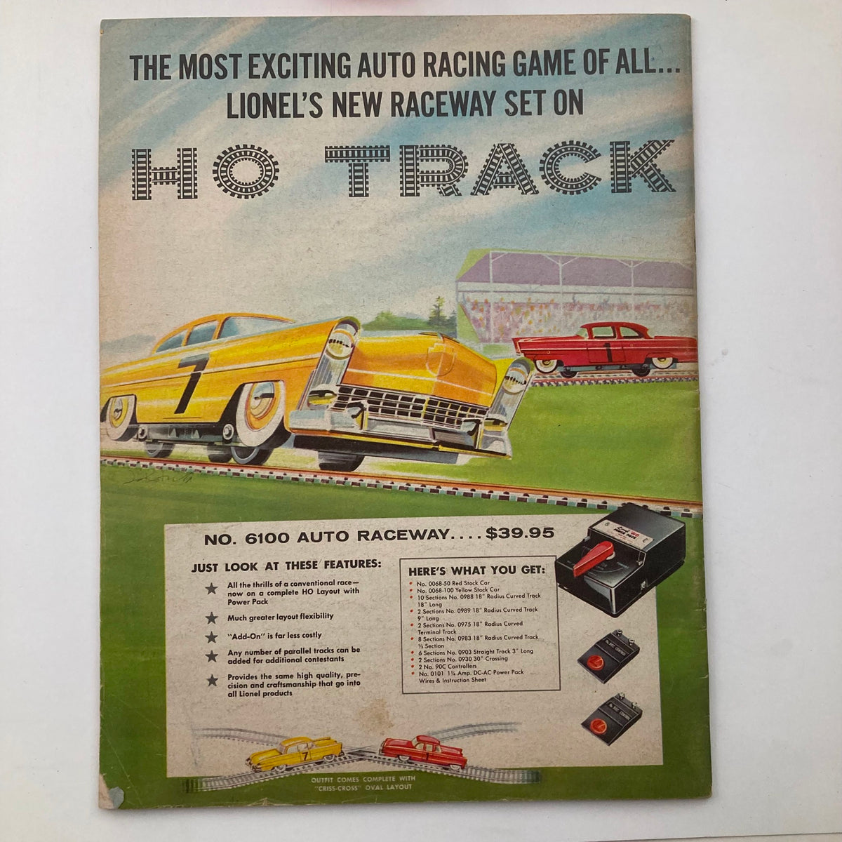 Cover page of the VTG 1961 Lionel Trains Porter Science Lines Microcraft Catalog advertising the exciting Auto Raceway set, highlighting features and pricing for the HO track racing game.