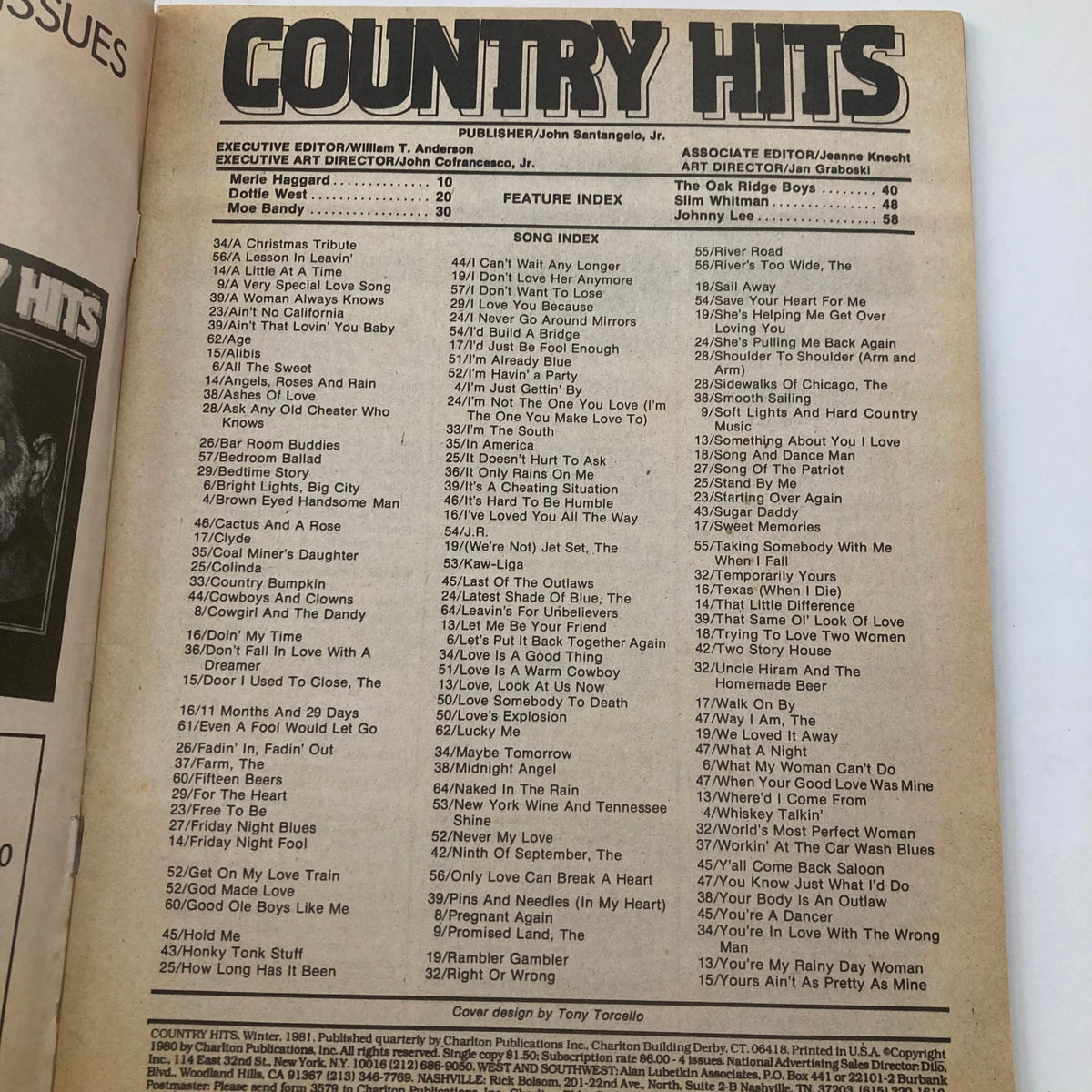 Inside page of Country Hits Magazine Winter 1981 displaying a song index and feature list, highlighting music from the era.