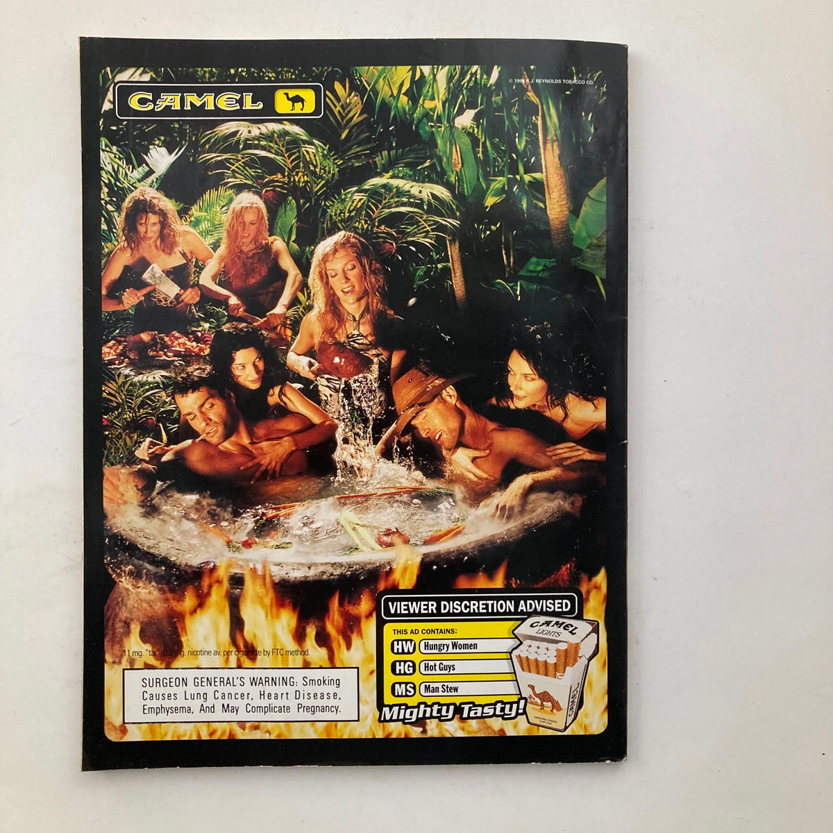 The back cover of the VTG Playboy Magazine July 1999 features bold advertising imagery with a group of individuals in a tropical setting, promoting Camel cigarettes.