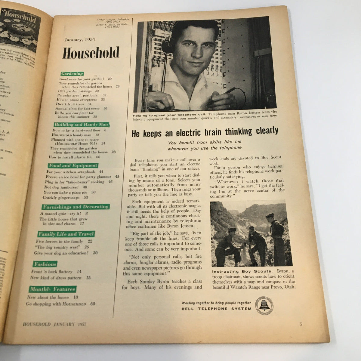 Interior page of the January 1957 Household Magazine showing various topics, including an article on telephone skills and gardening tips.