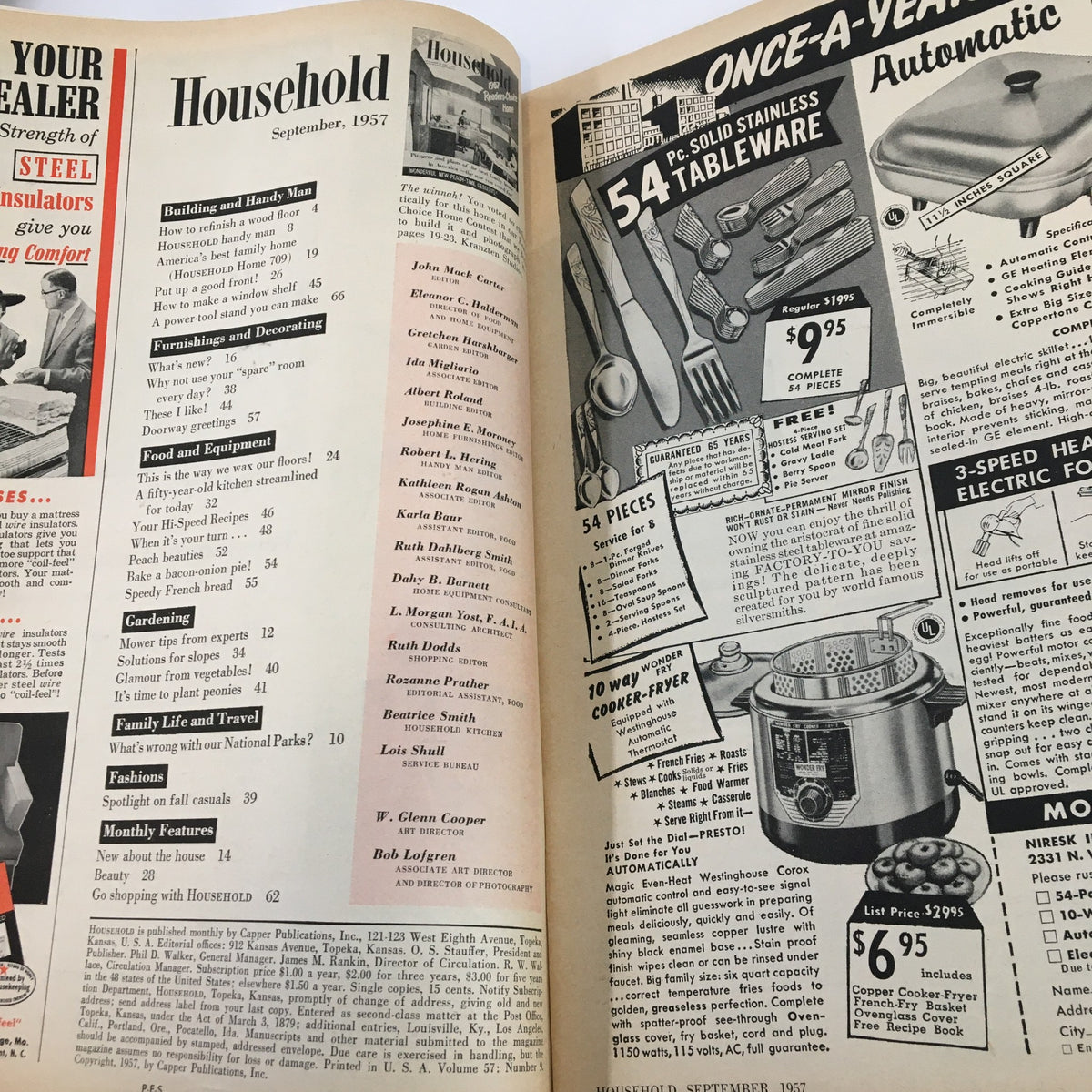 Interior page of VTG Household Magazine September 1957 displaying articles and advertisements related to household tips, recipes, and kitchenware, representing the vintage style of mid-century living.