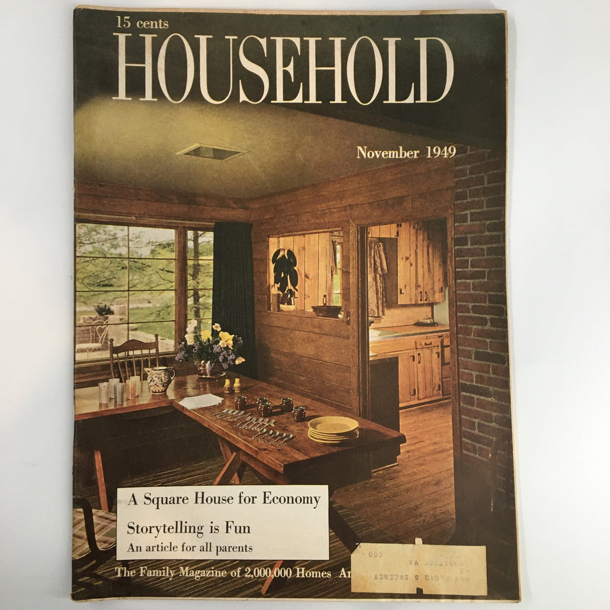 Cover of VTG Household Magazine November 1949 featuring a cozy kitchen interior. This edition includes the article 'Fruit Cakes to Fit Any Purse' by Helen C.