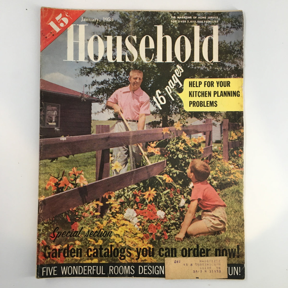Vintage Household Magazine Cover from January 1958 showcasing a man gardening with a young child, emphasizing practical home tips and skin care advice for the era.