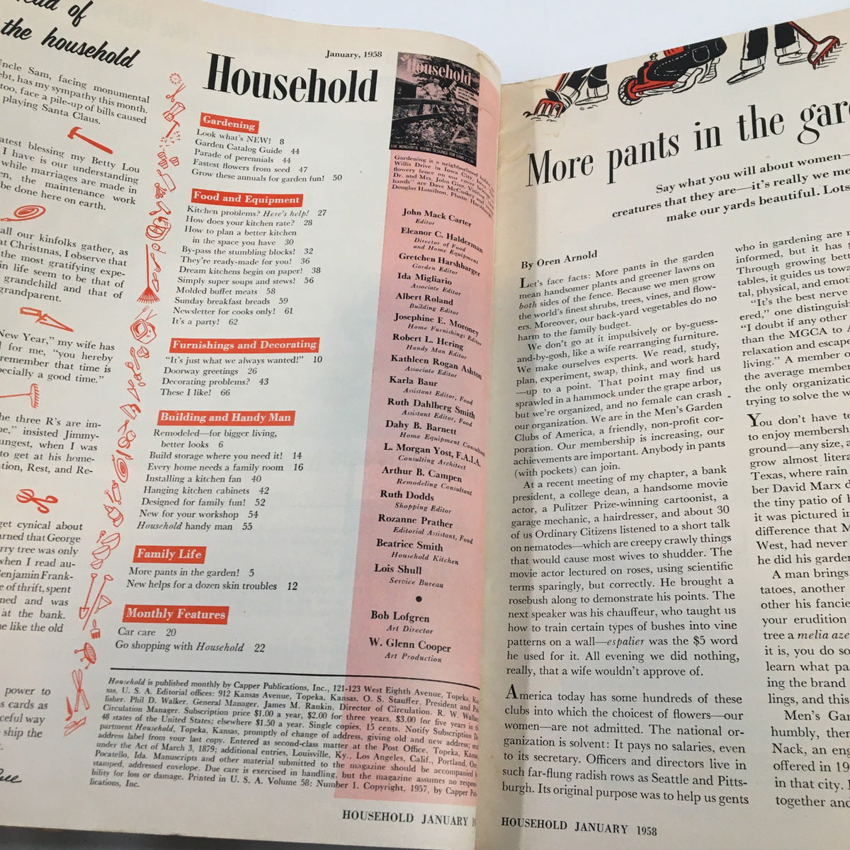 Interior Page of Vintage Household Magazine January 1958 displaying the table of contents with highlighted sections including gardening and skin troubles tips, reflecting 1950s household themes.