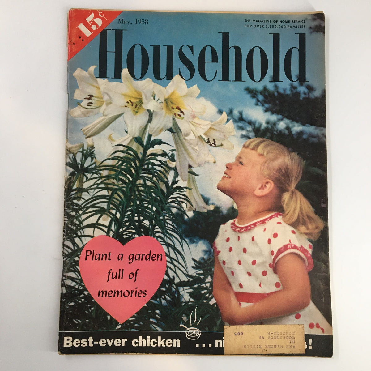 Cover of VTG Household Magazine May 1958 featuring a girl with flowers, themed 'Plant A Garden Full of Memories.'