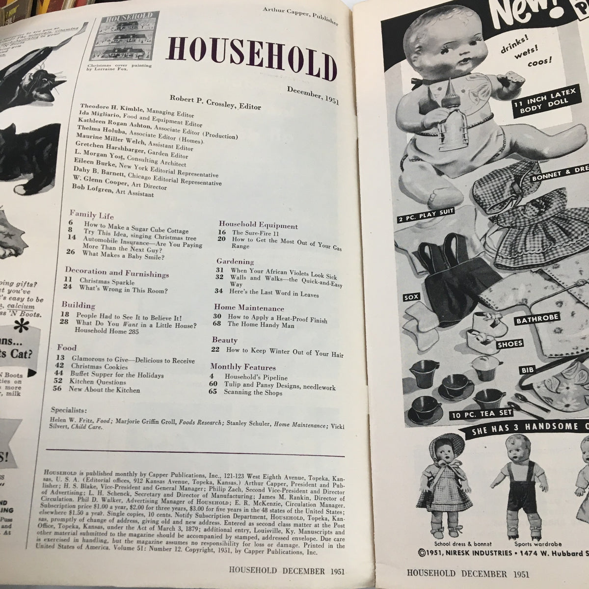 Interior pages of the VTG Household Magazine December 1951 showcasing the table of contents, including the article 'How To Make A Sugar Cube Cottage' and various features relevant to mid-century homemaking.
