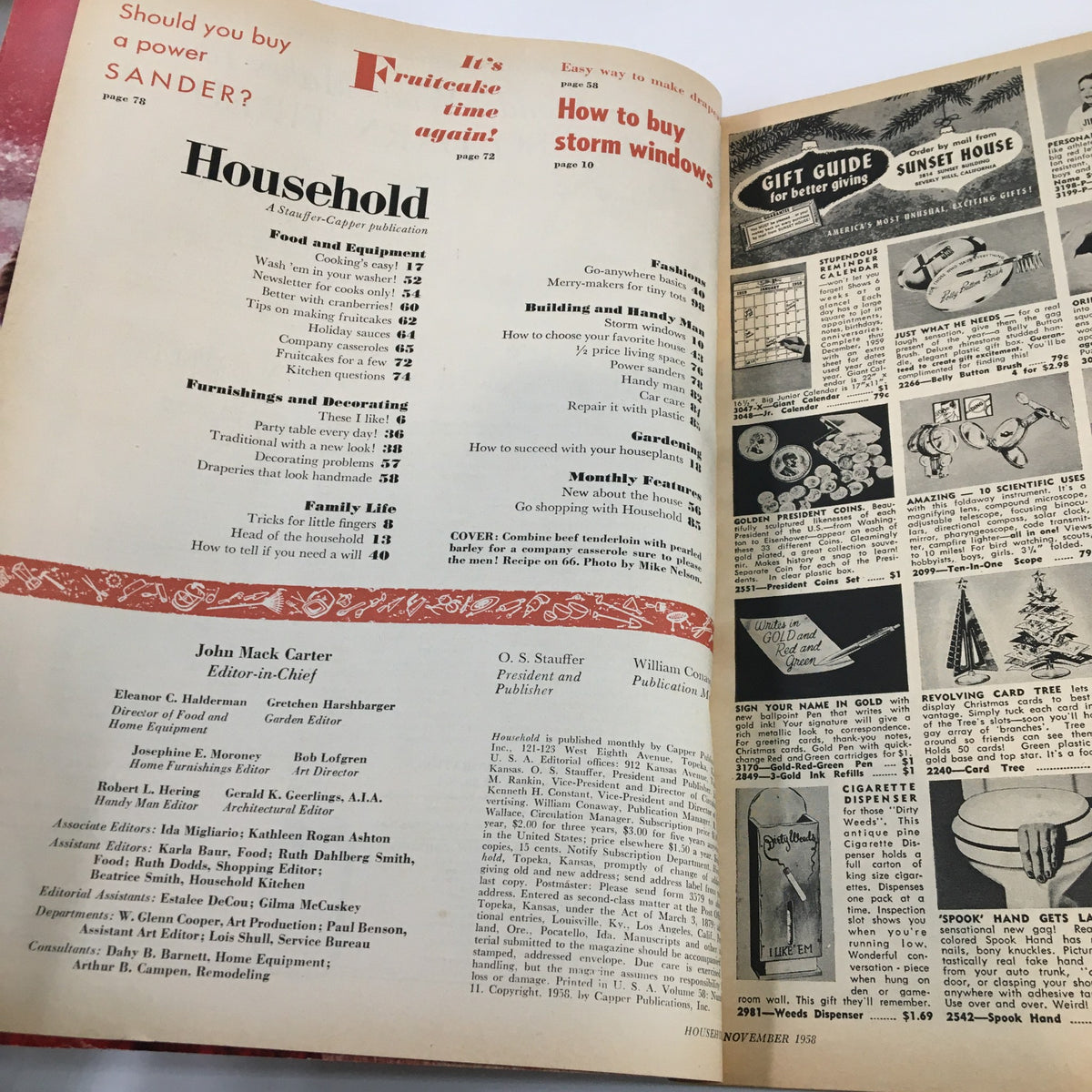 Interior page of VTG Household Magazine November 1958 featuring a table of contents with articles related to home improvement and lifestyle, highlighting tips like 'How to Buy Storm Windows' and 'Holiday Sauces'.
